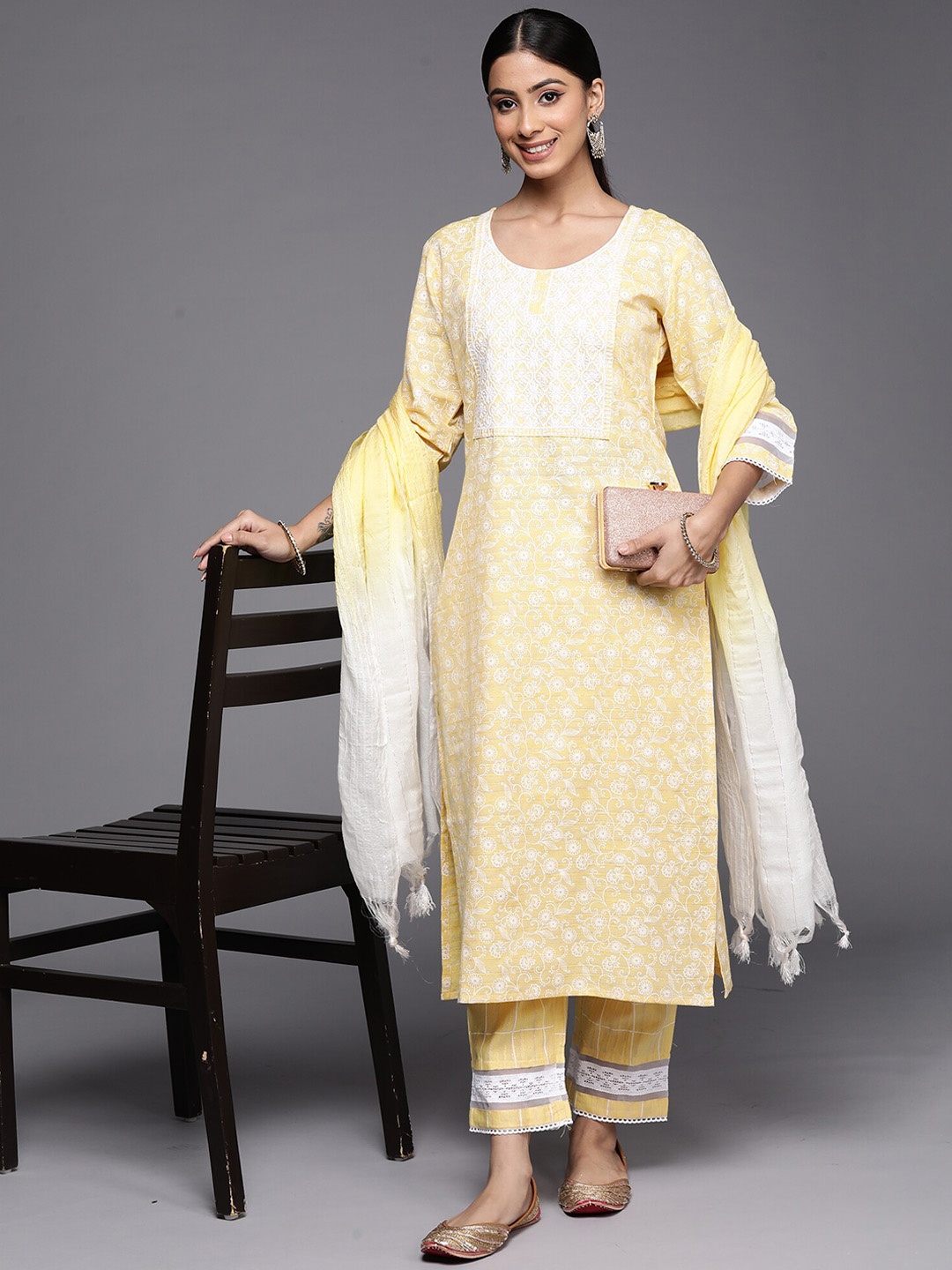 

Indo Era Yellow Floral Embroidered Thread Work Straight Kurta With Trousers & Dupatta