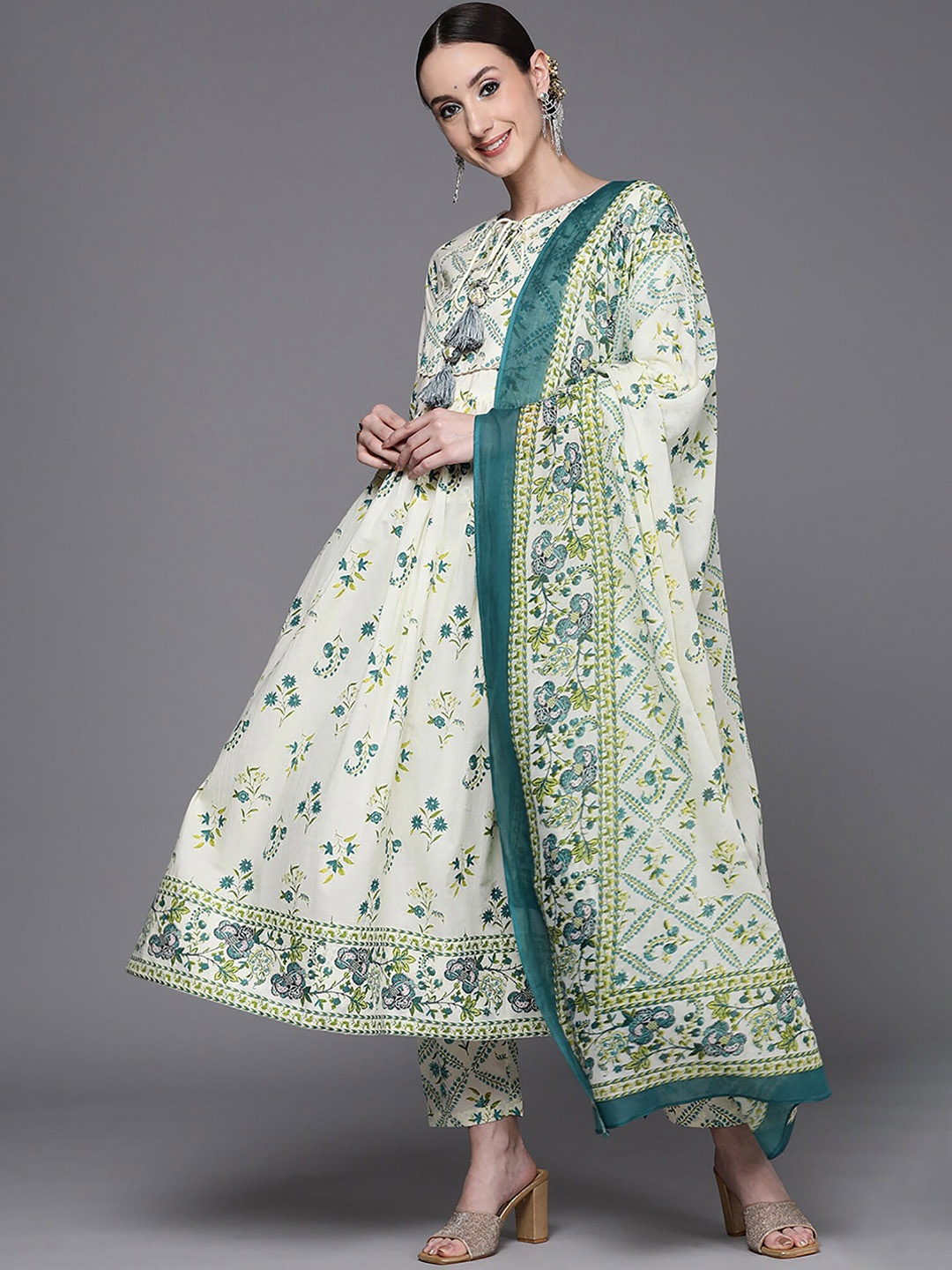 

Indo Era Floral Printed Empire A-Line Kurta With Trouser & Dupatta, Off white