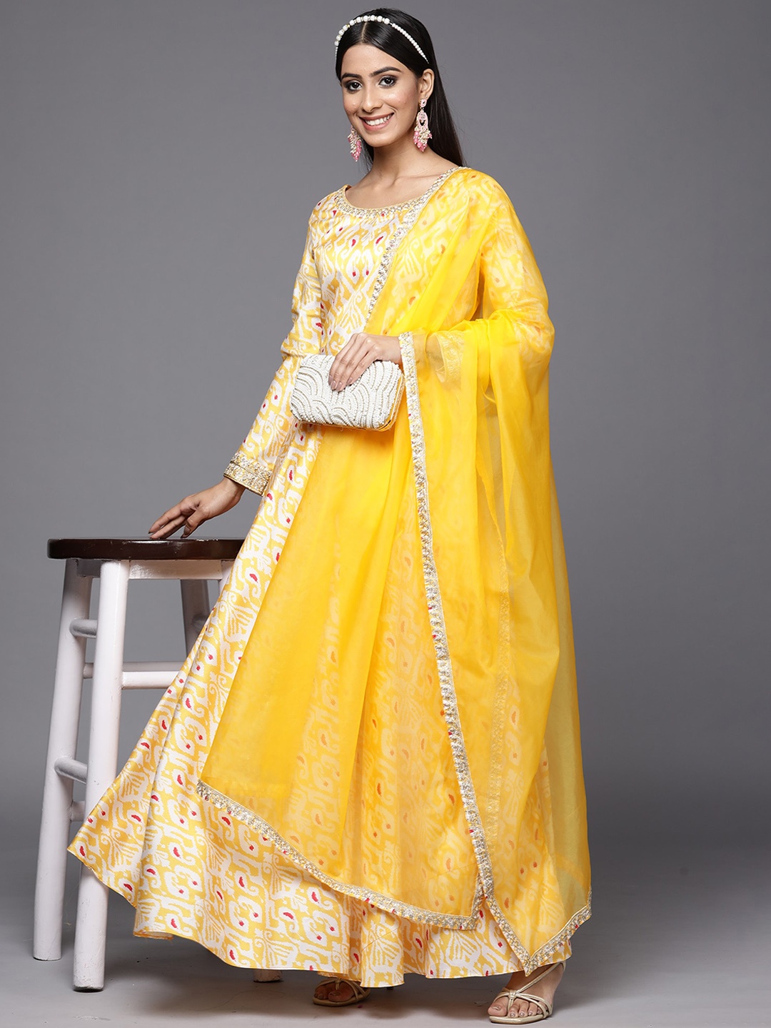 

Indo Era Paisley Printed Empire Sequinned Anarkali Kurta With Trousers & Dupatta, Yellow