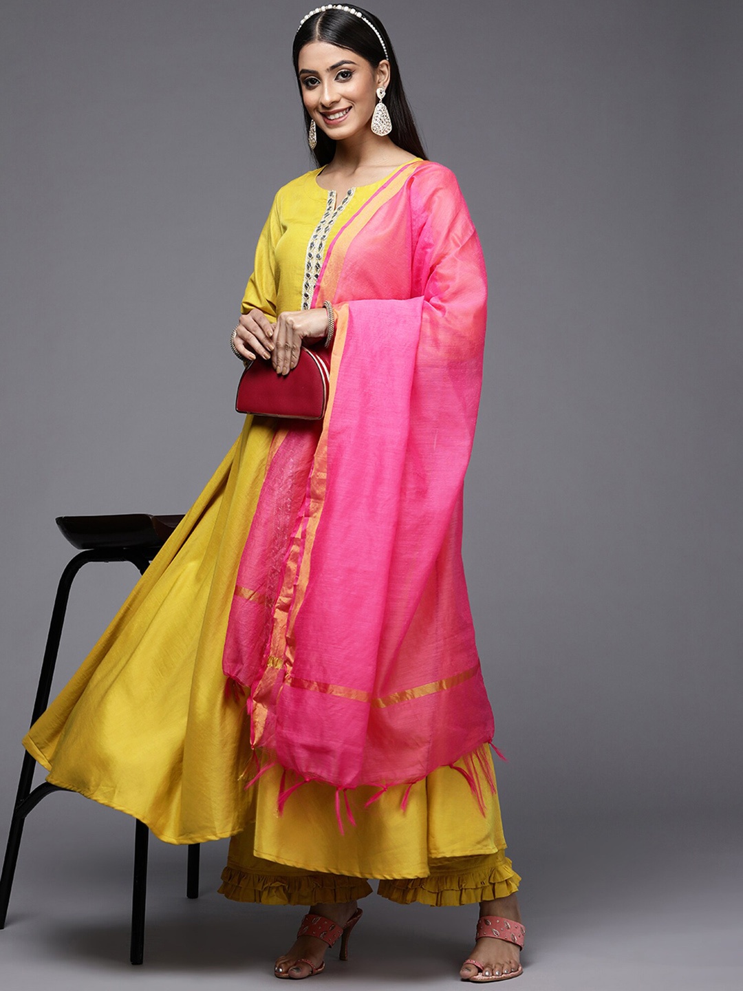 

Indo Era High Slit Natch Neck Mirror Work Anarkali Kurta With Palazzos & Dupatta, Yellow
