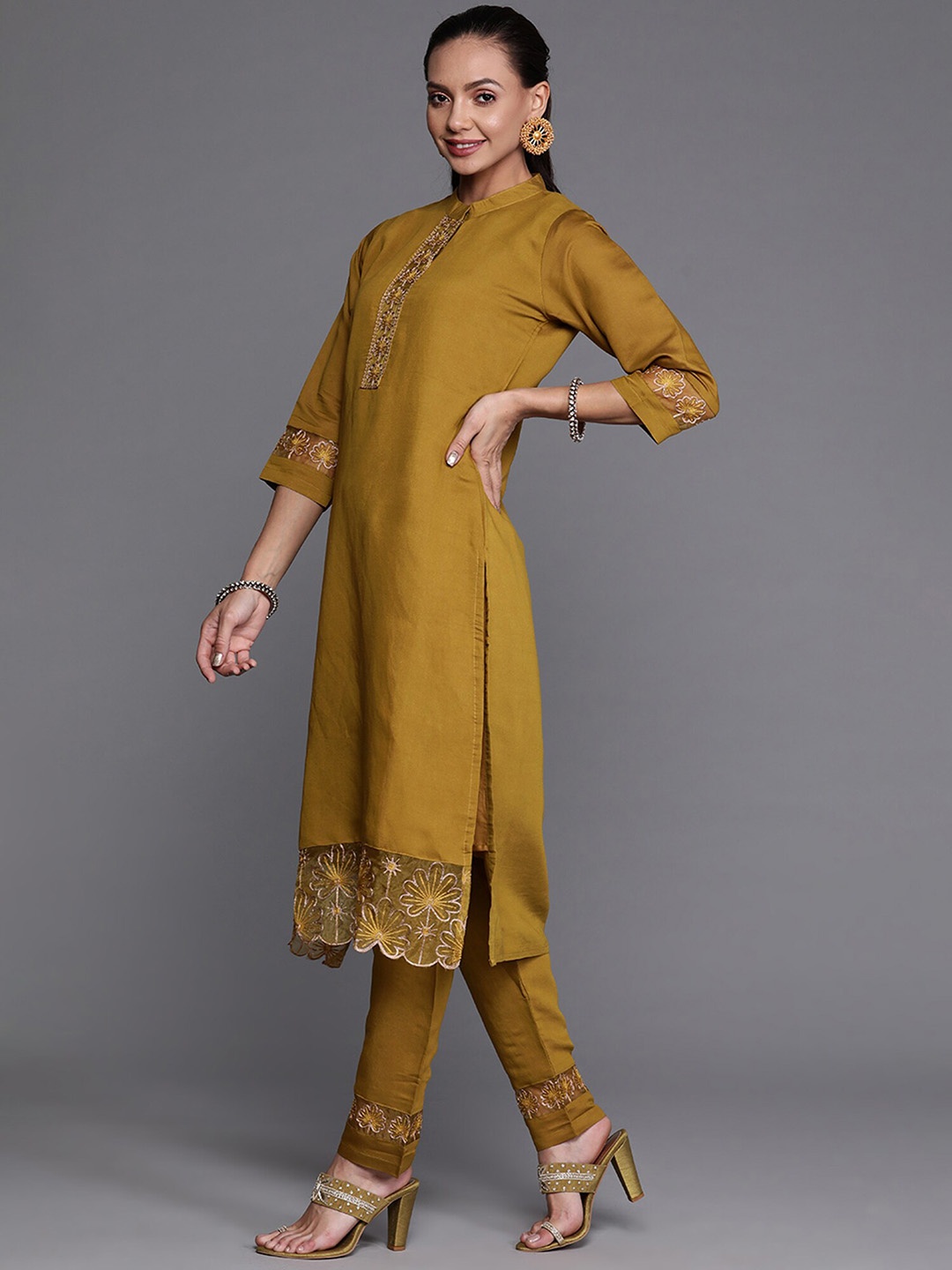 

Indo Era Mustard Floral Yoke Design Mandarin Collar Straight Kurta with Trousers & Dupatta