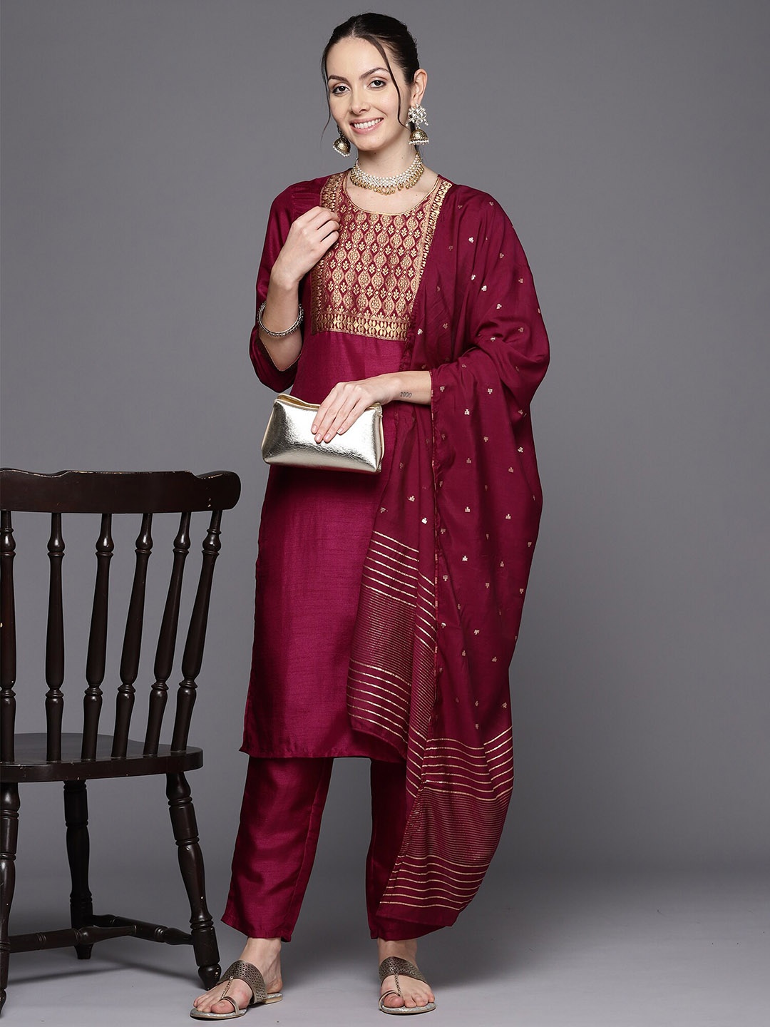 

Indo Era Burgundy Woven Design Woven Design Straight Kurta With Trousers & Dupatta
