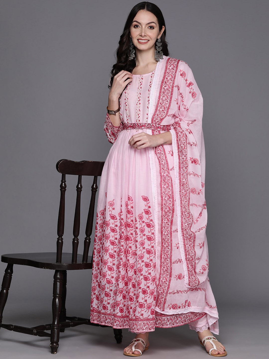 

Indo Era Floral Printed Empire Beads and Stones Pure Cotton Kurta With Trouser & Dupatta, Pink