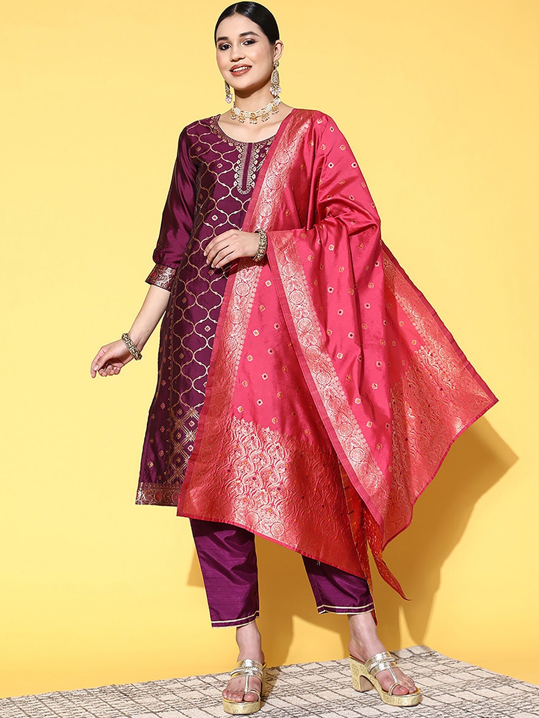 

Indo Era Burgundy Ethnic Motifs Printed Round Neck Straight Kurta with Trousers & Dupatta