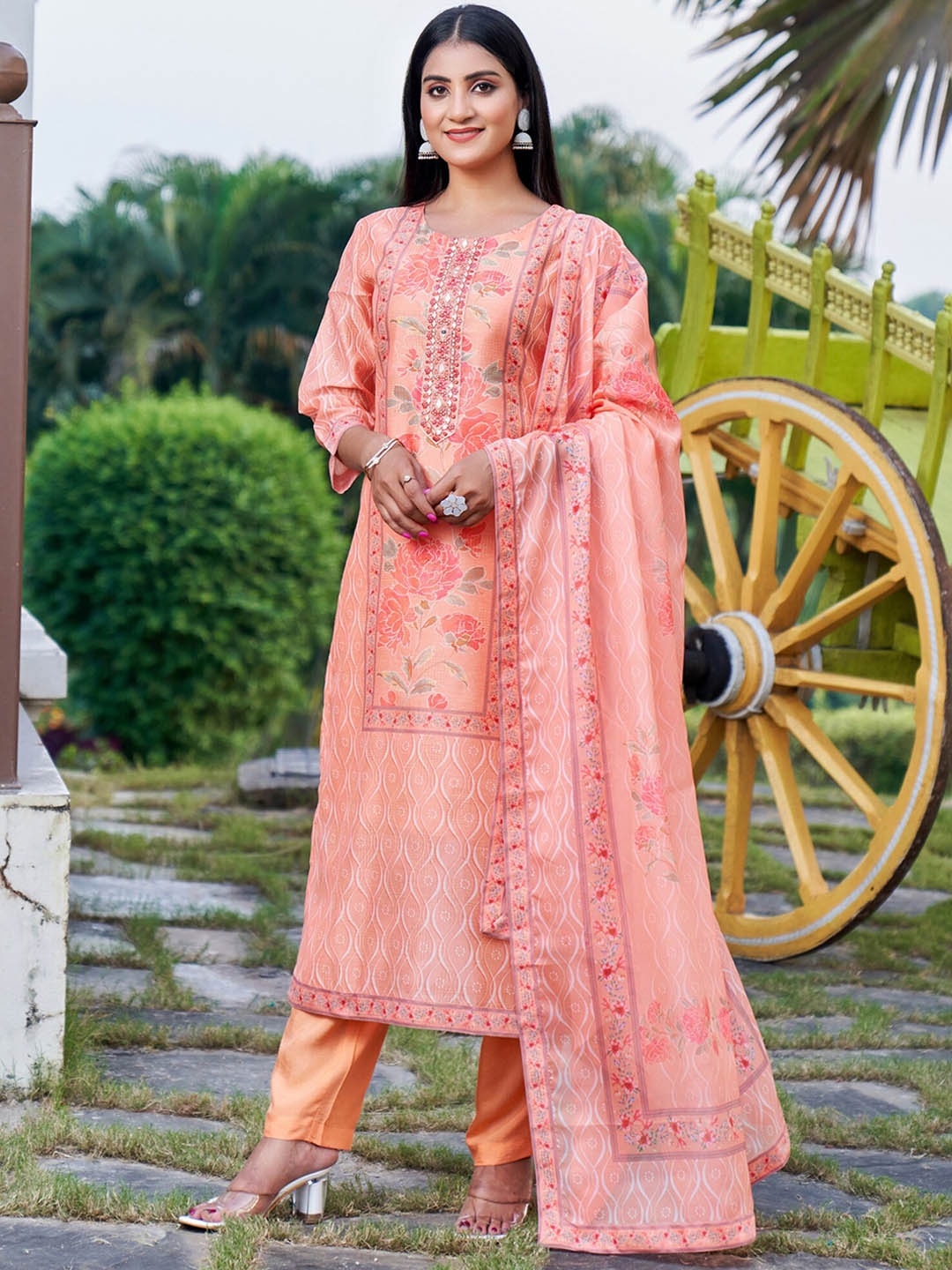 

Indo Era Pink Floral Embroidered Round Neck Straight Kurta with Trousers & Dupatta, Orange