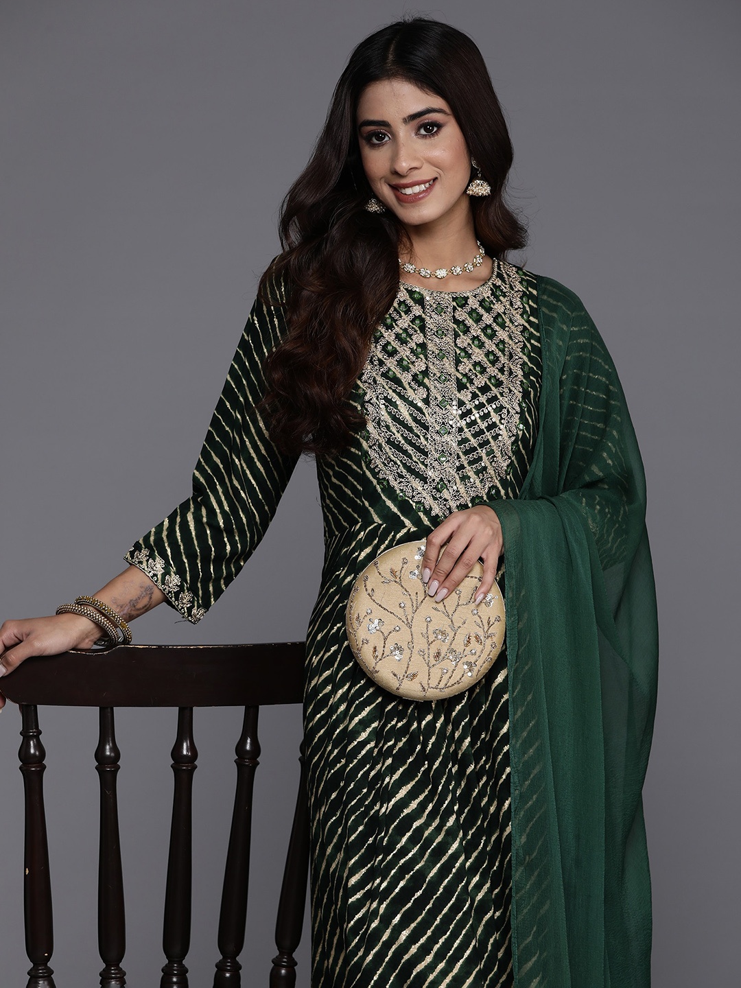 

Indo Era Leheriya Embroidered Regular Mirror Work Straight Kurta with Trousers & Dupatta, Green