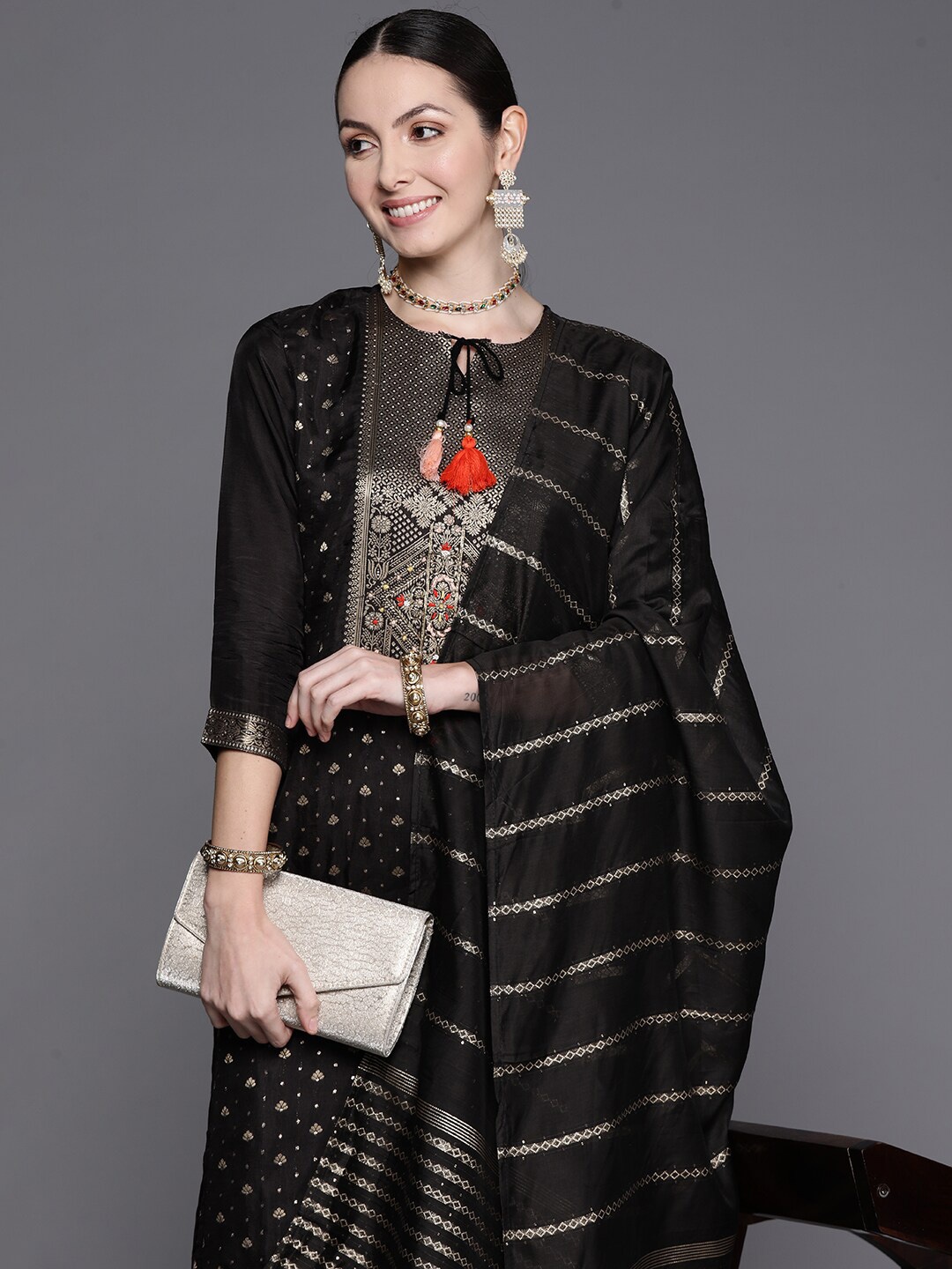 

Indo Era Black Ethnic Motifs Embroidered Straight Kurta With Trousers & Dupatta
