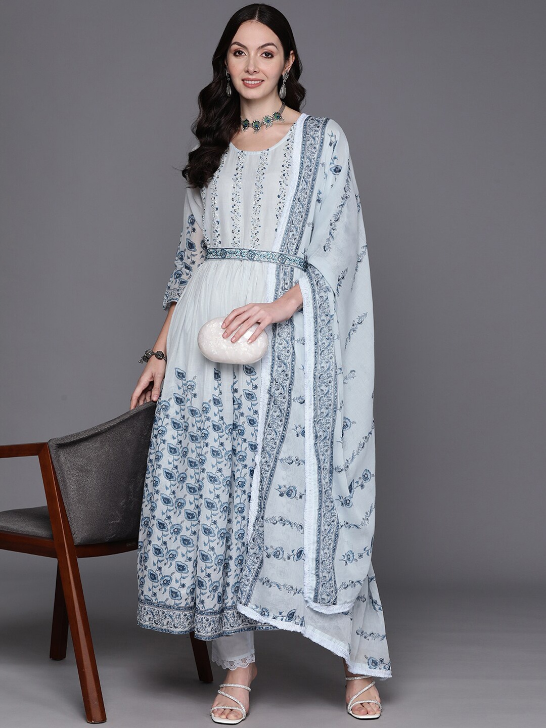 

Indo Era Floral Printed Empire Sequinned Pure Cotton Kurta With Trouser & Dupatta, Blue