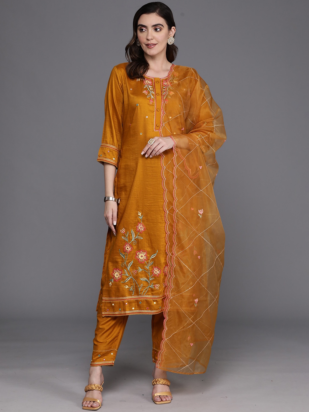 

Indo Era Floral Embroidered Regular Thread Work Straight Kurta with Trousers & Dupatta, Mustard