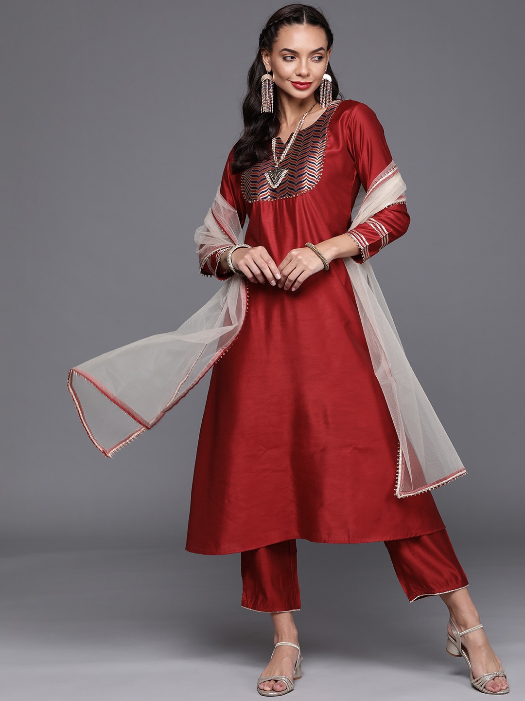 

Indo Era Red Geometric Yoke Design Regular Straight Kurta with Palazzos & Dupatta