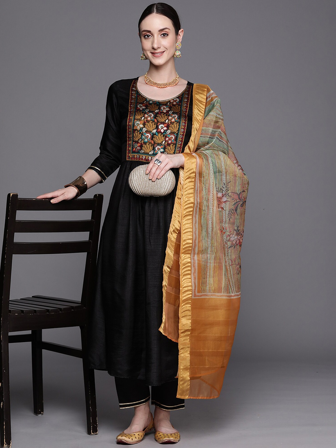 

Indo Era Ethnic Motifs Yoke Design Empire Thread Work A-Line Kurta with Trousers & Dupatta, Black