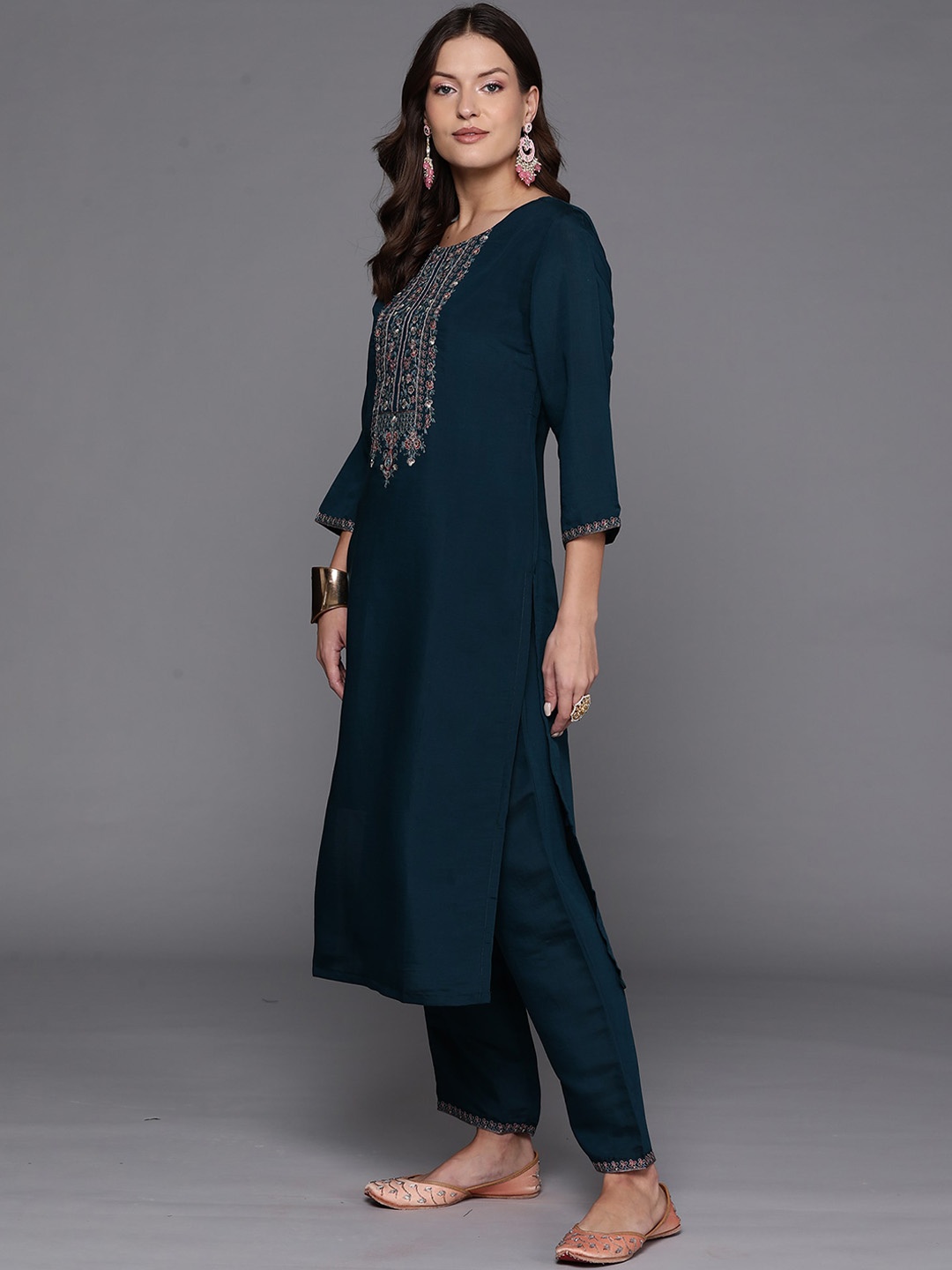 

Indo Era Teal Green Floral Embroidered Thread Work Straight Kurta With Trousers & Dupatta