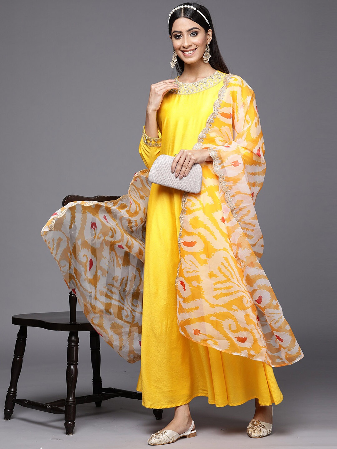 

Indo Era Ethnic Motifs Yoke Design Thread Work Liva Anarkali Kurta With Trouser & Dupatta, Yellow