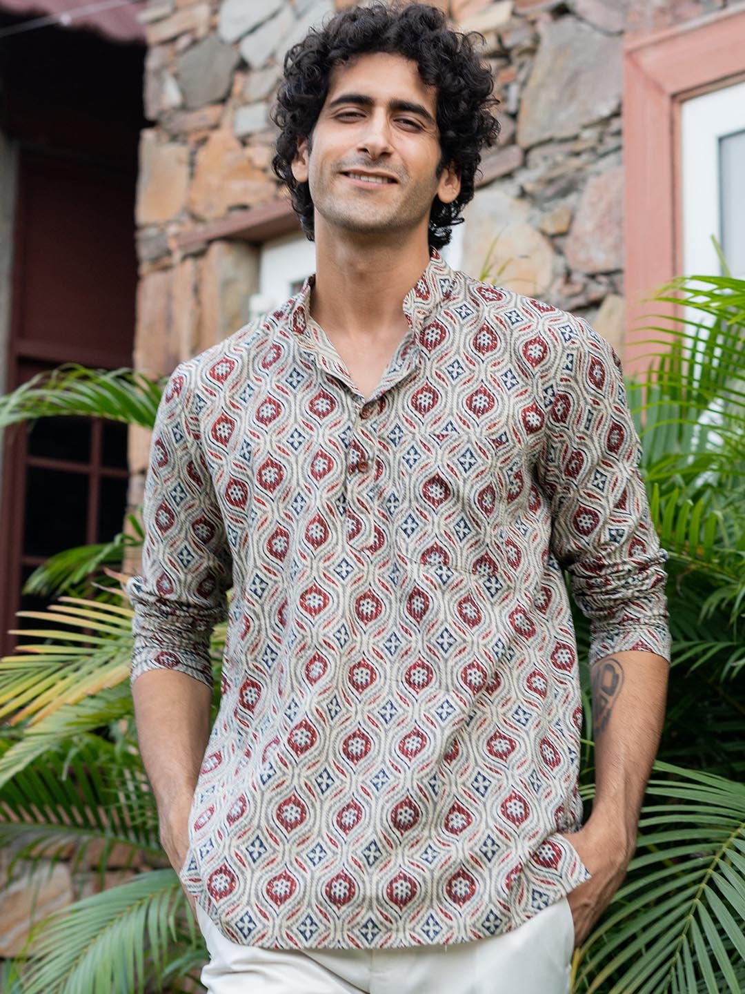 

Shasak Ethnic Motifs Printed Mandarin Collar Thread Work Cotton Short Kurta, Beige
