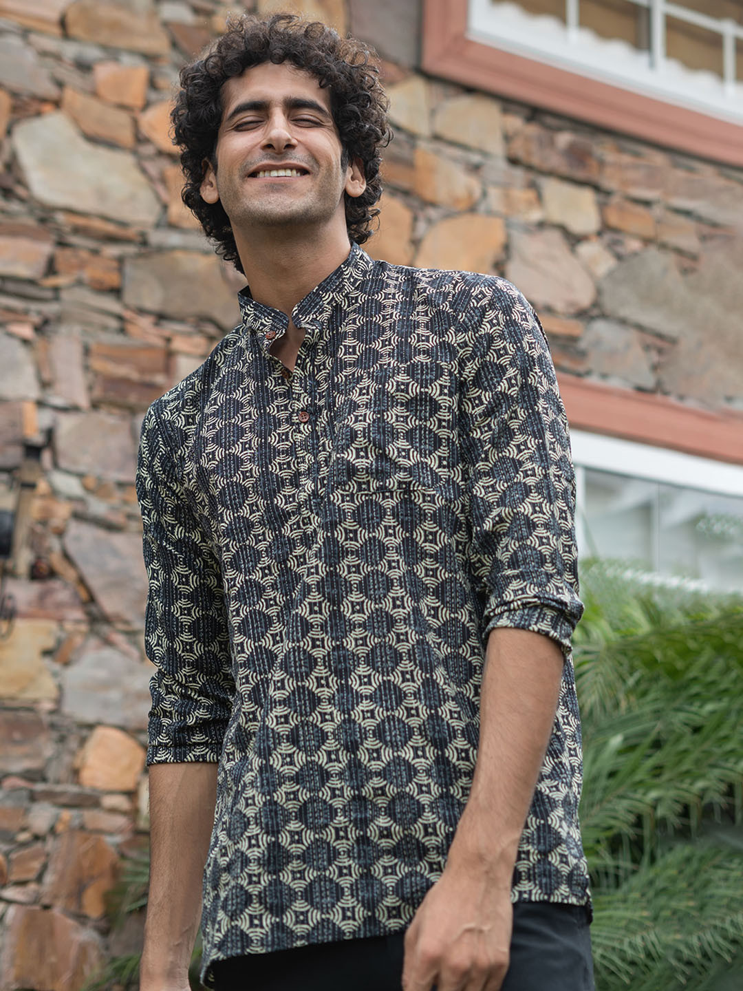 

Shasak Ethnic Motifs Printed Mandarin Collar Thread Work Cotton Short Kurta, Black
