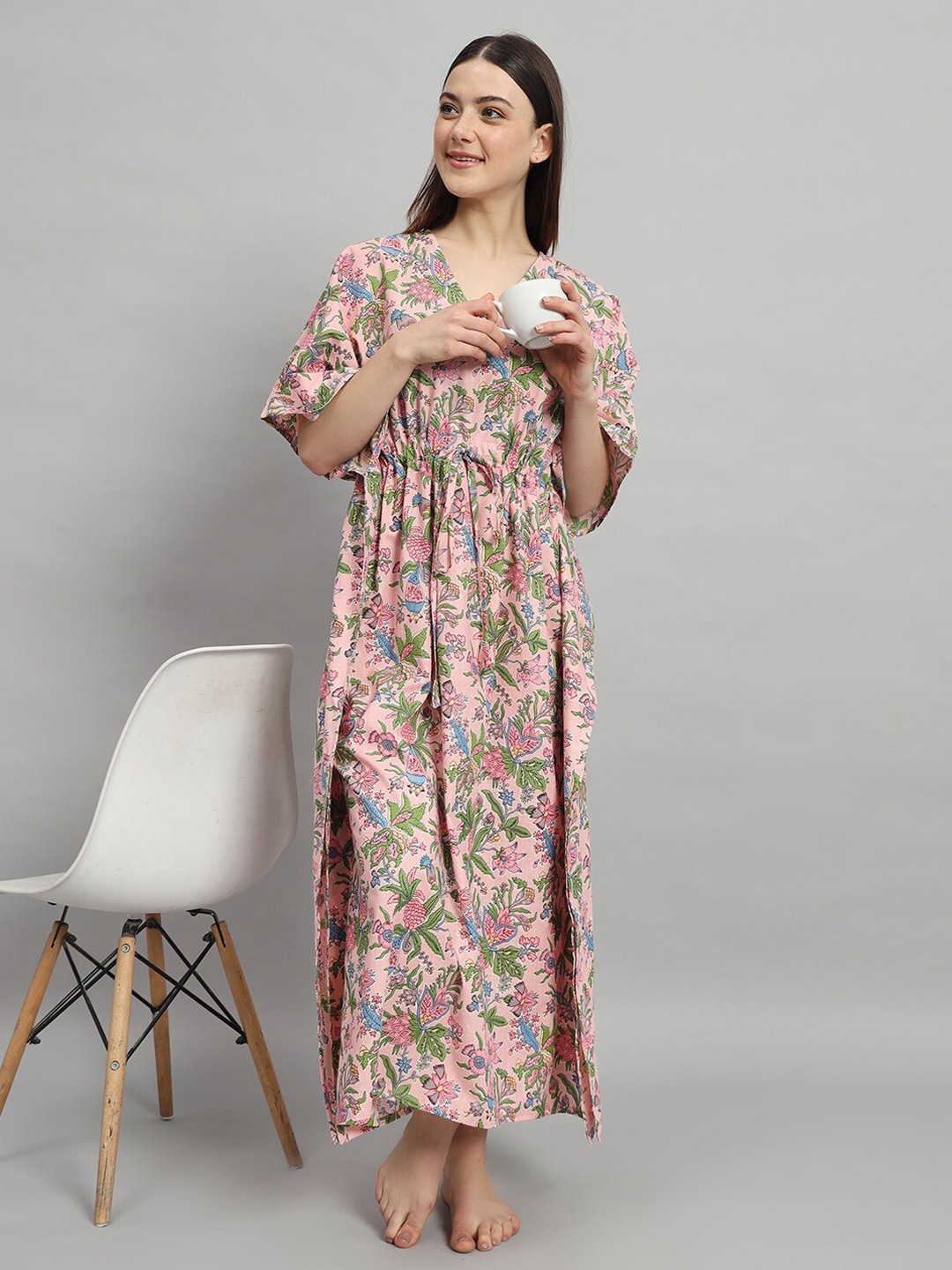 

HANDICRAFT PALACE Conversational Printed Pure Cotton Maxi Kaftan Nightdress, Pink
