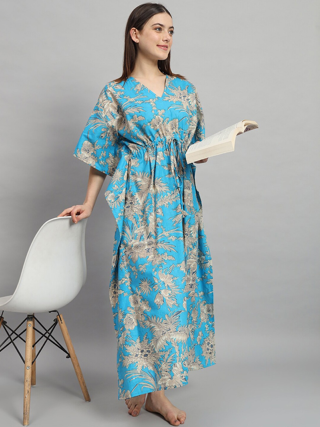 

HANDICRAFT PALACE Floral Printed Pure Cotton Maxi Kaftan Nightdress, Turquoise blue