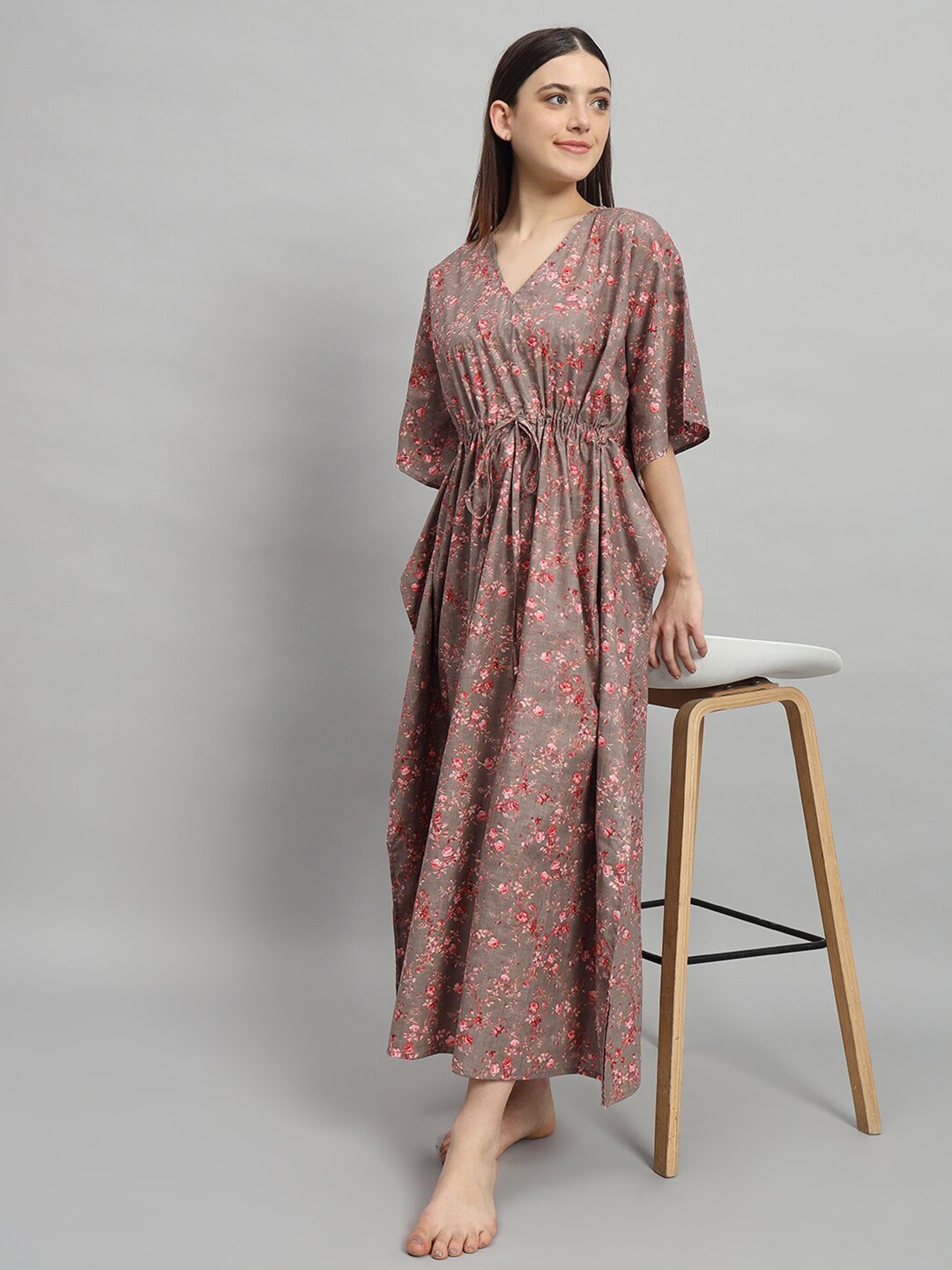 

HANDICRAFT PALACE Floral Printed Pure Cotton Maxi Kaftan Nightdress, Brown