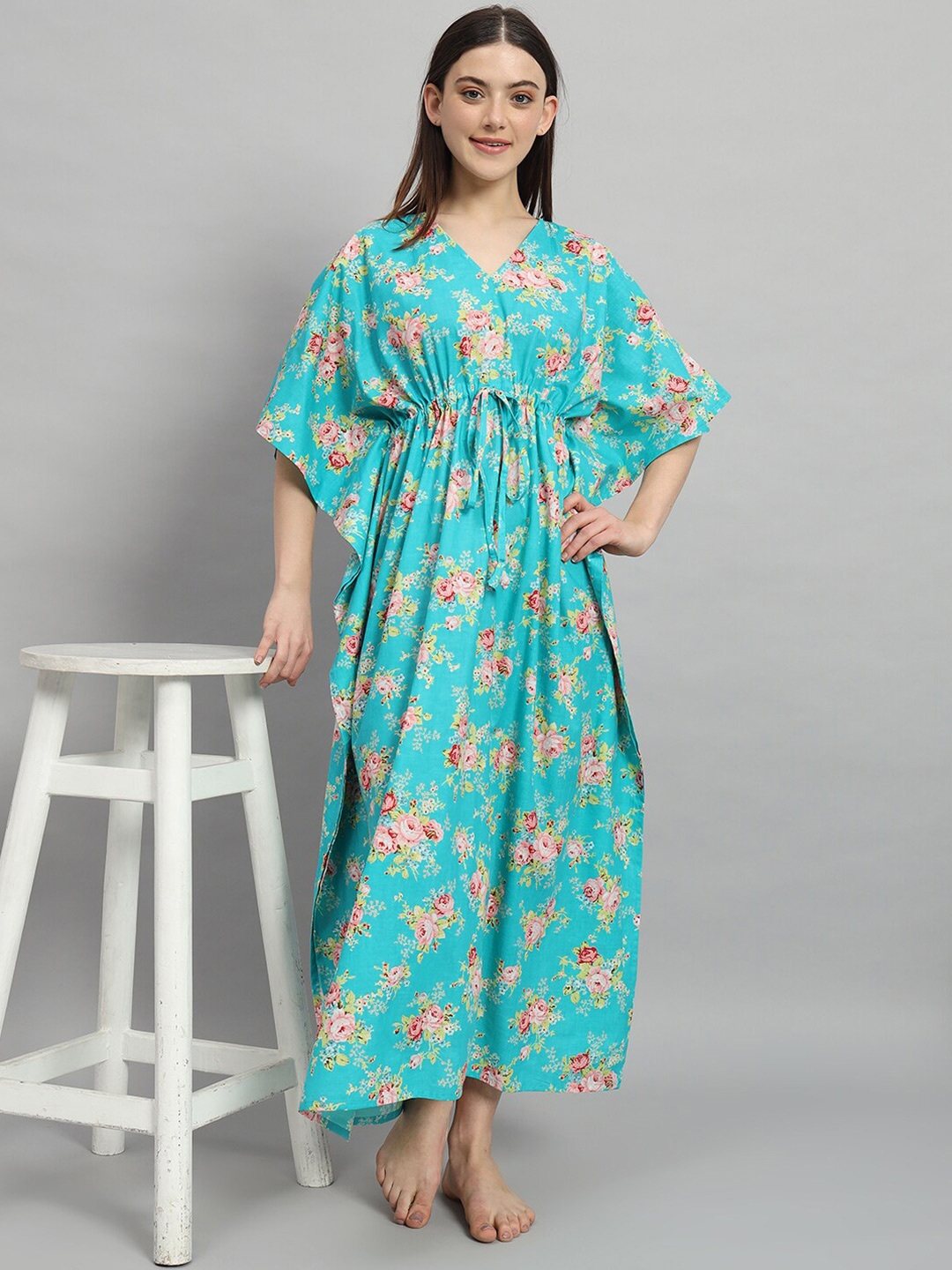 

HANDICRAFT PALACE Floral Printed Pure Cotton Maxi Kaftan Nightdress, Turquoise blue