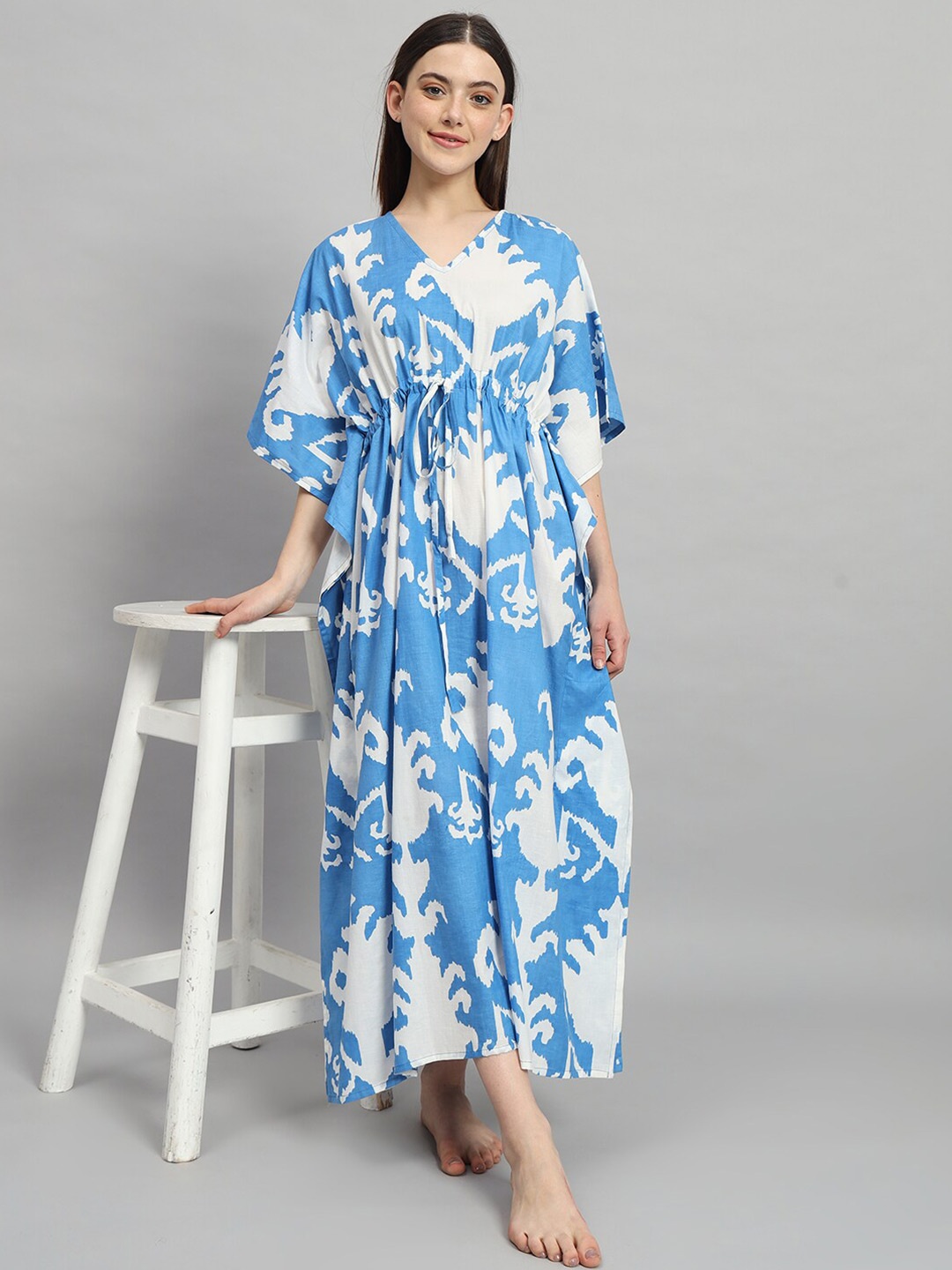 

HANDICRAFT PALACE Floral Printed Pure Cotton Maxi Kaftan Nightdress, Blue