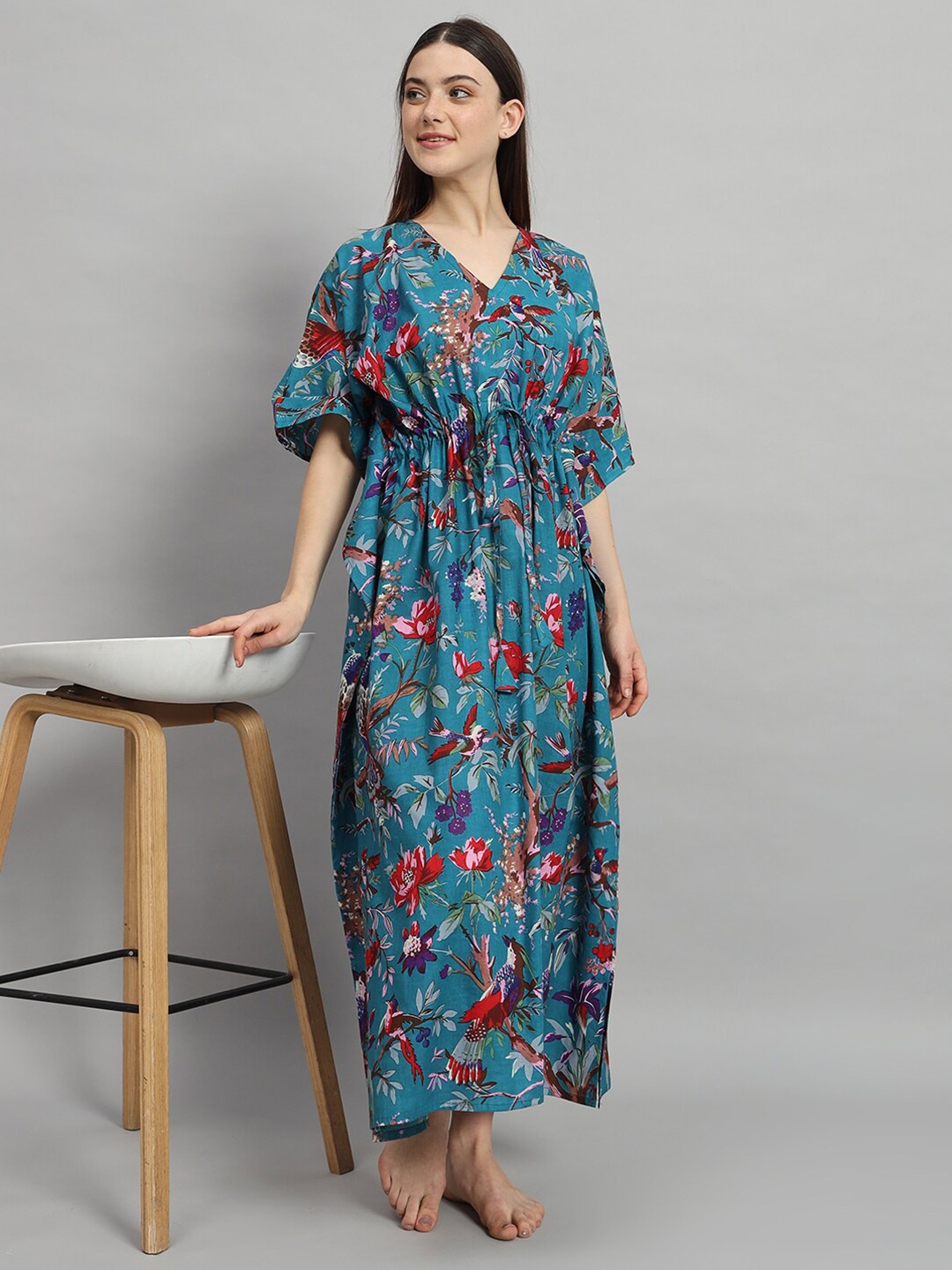 

HANDICRAFT PALACE Floral Printed V-Neck Pure Cotton Kaftan Nightdress, Green