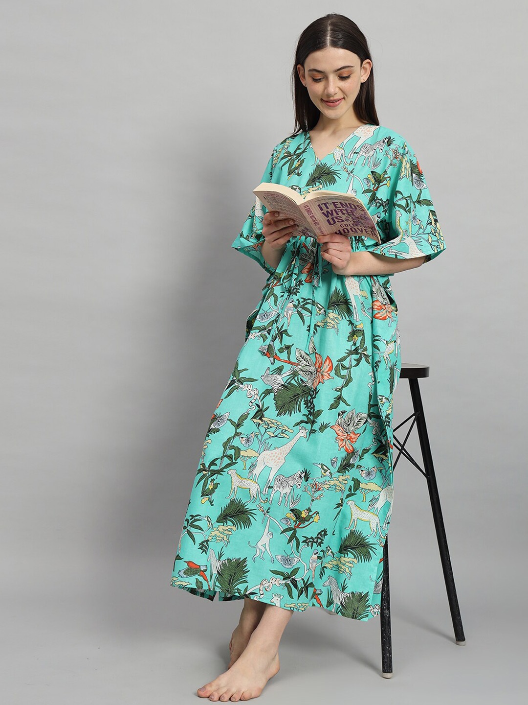 

HANDICRAFT PALACE Floral Printed V-Neck Pure Cotton Kaftan Nightdress, Turquoise blue