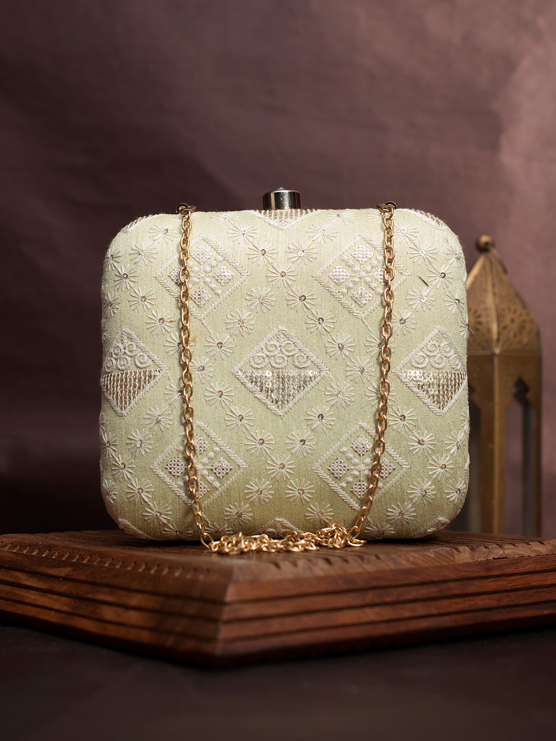 

ARTKLIM Embroidered Box Clutch, Lime green