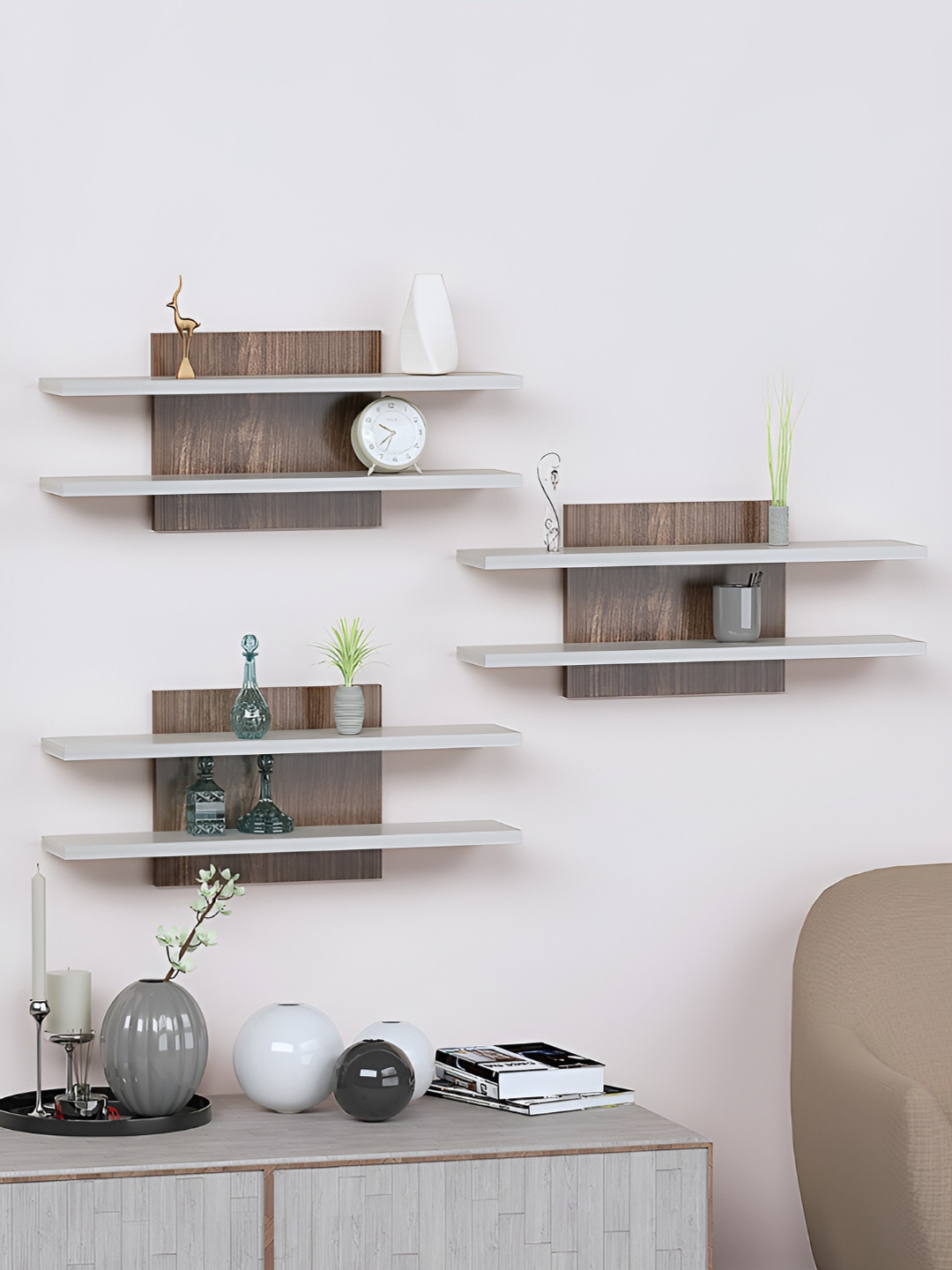 

RANDOM Brown & Grey 3 Pcs Wooden Basic Wall Shelf