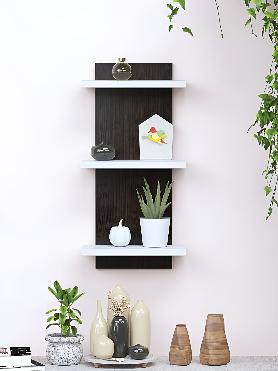 

RANDOM Coffee Brown & White Wooden Wall Shelf