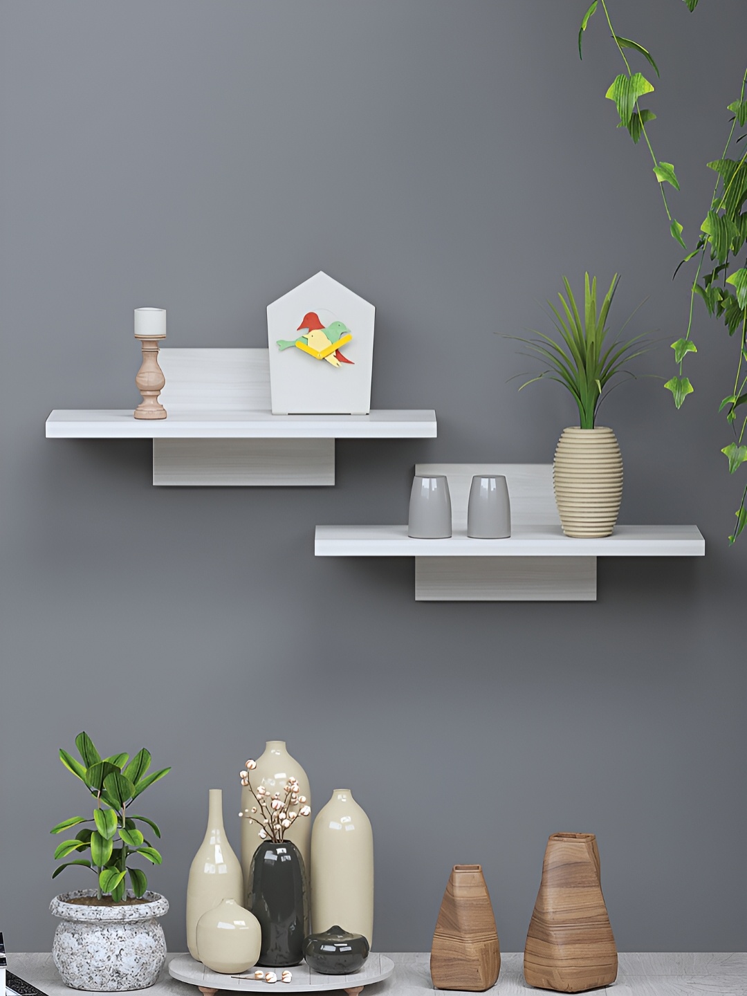 

RANDOM Off White 2 Pieces Textured Wood Basic Wall Shelves