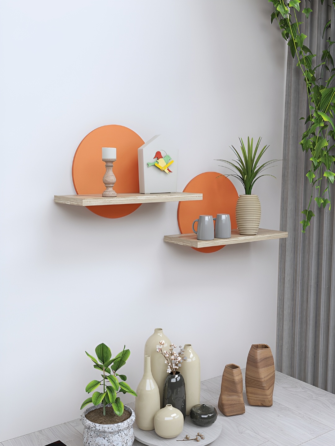 

RANDOM 2 Pieces Beige & Orange Textured Wooden Basic Wall Shelves