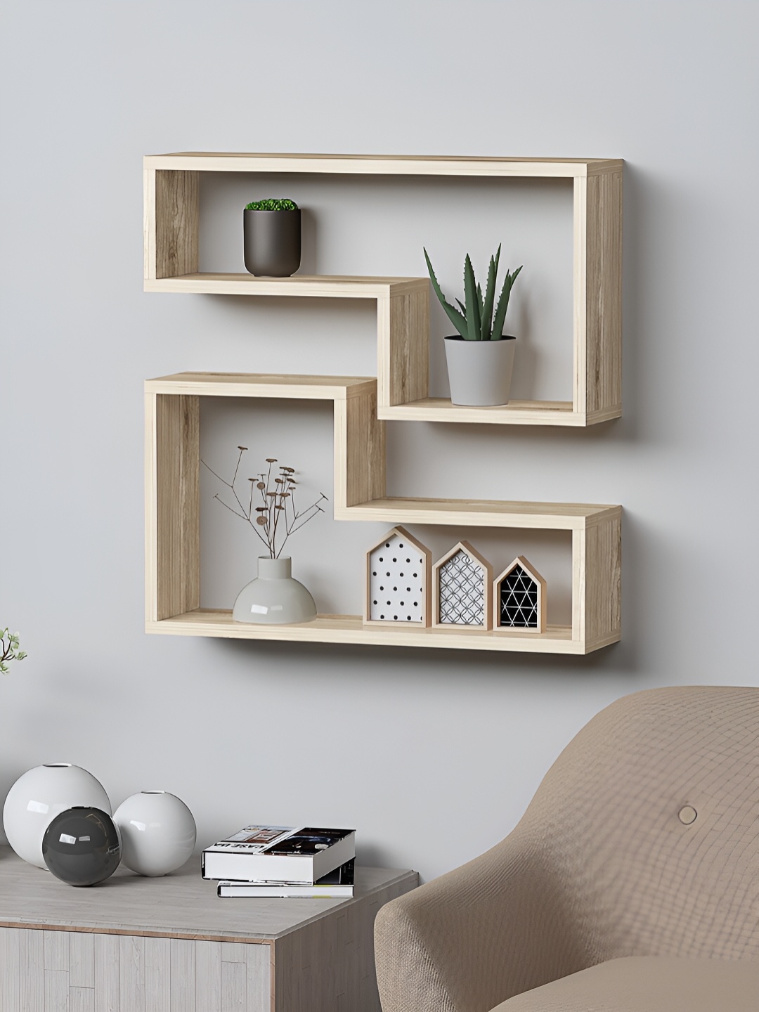 

RANDOM DARK OAK 2 Pieces Wood Wall Shelves, Beige