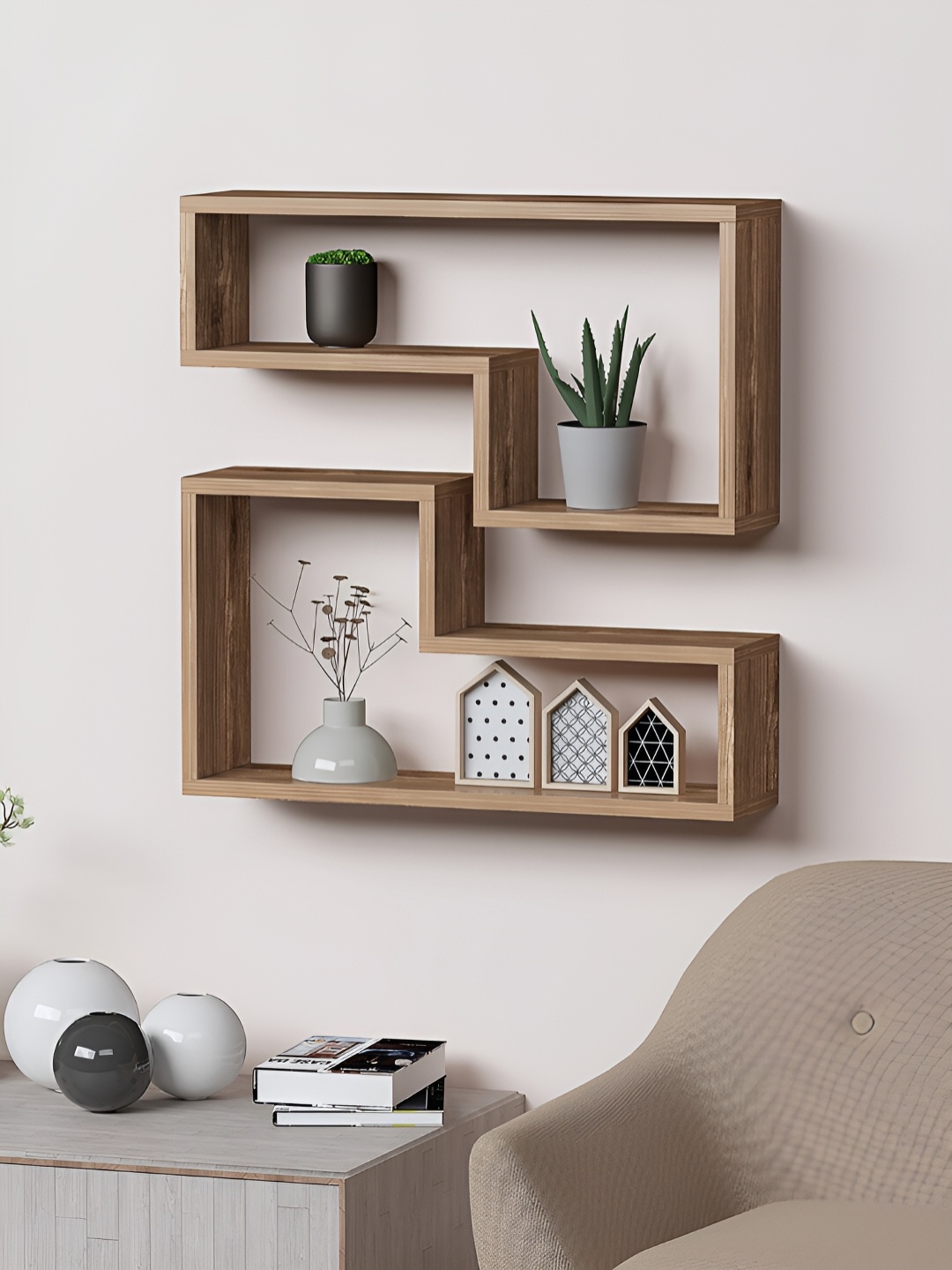 

RANDOM Brown 2 Pcs Textured Wooden Basic Wall Shelves