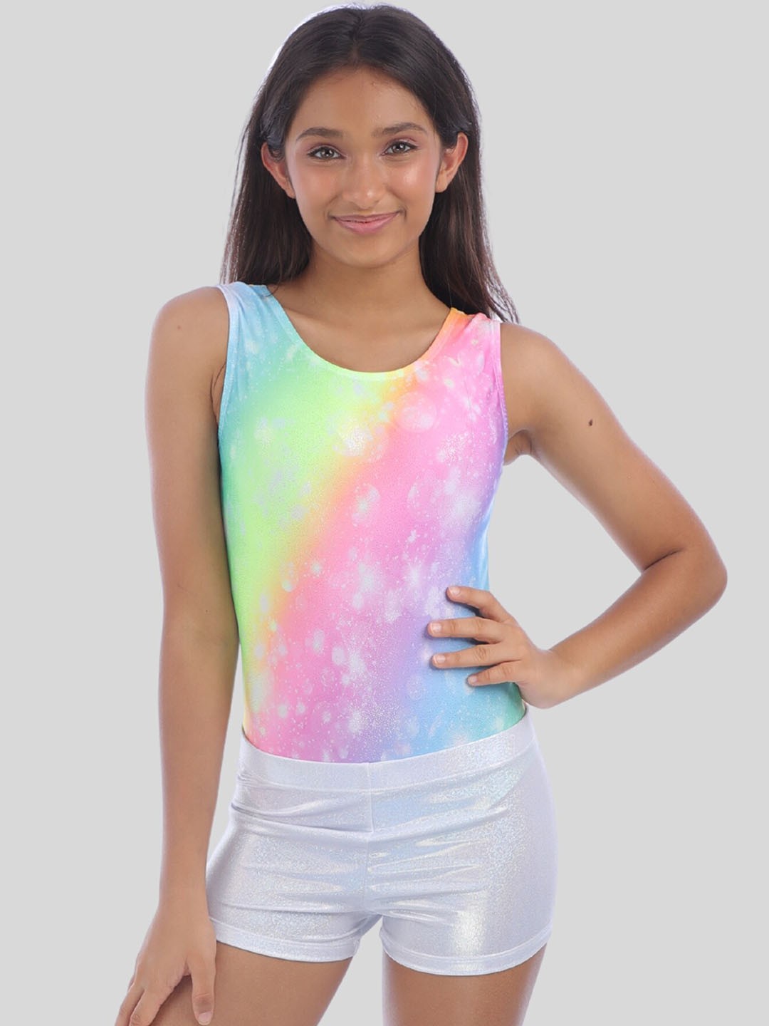 

IKAANYA Gymnastics Girls Rainbow Pattern Unicorn Shiny Leotard & Shorts Clothing Set, Pink