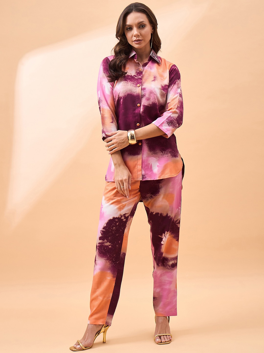 all about you Tie & Dye Shirt Collar Shirt With Trouser, Burgundy