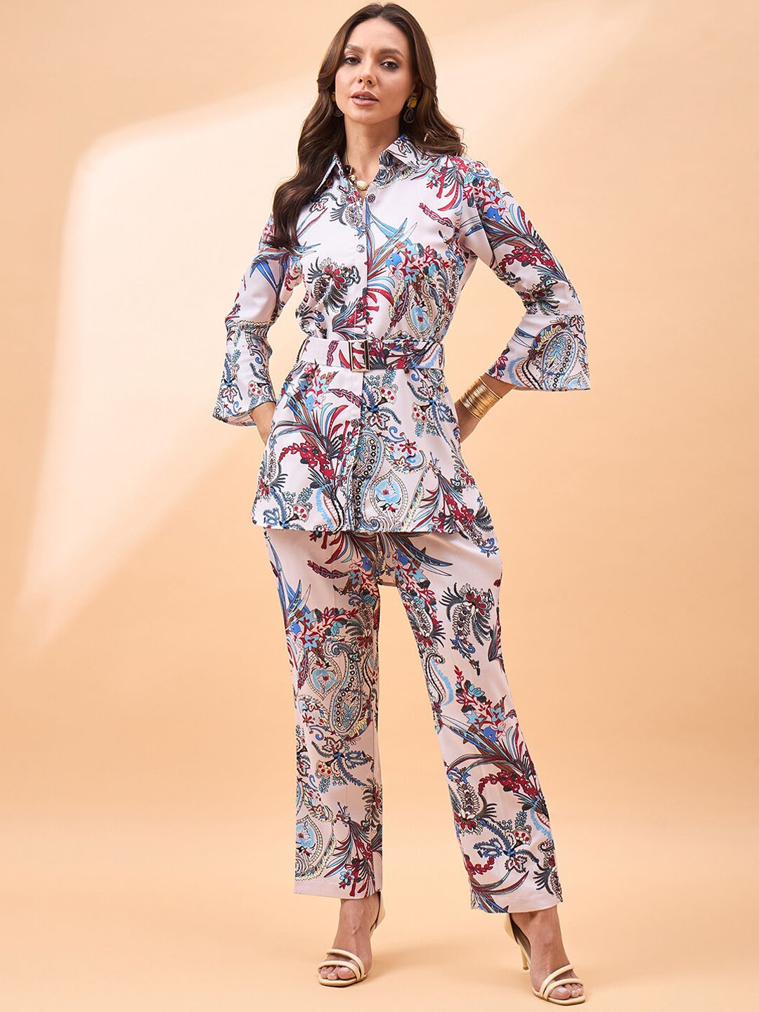 

all about you White Floral Printed Shirt With Trouser & Belt