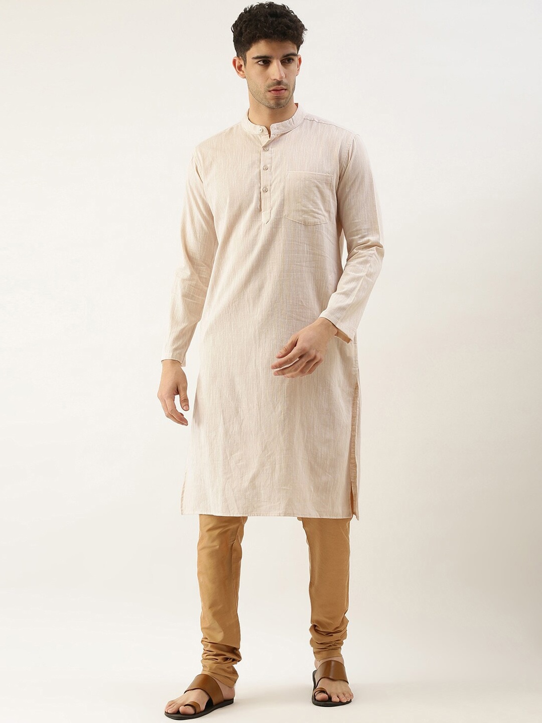 

WHITE HEART Band Collar Pure Cotton Straight Kurta, Khaki