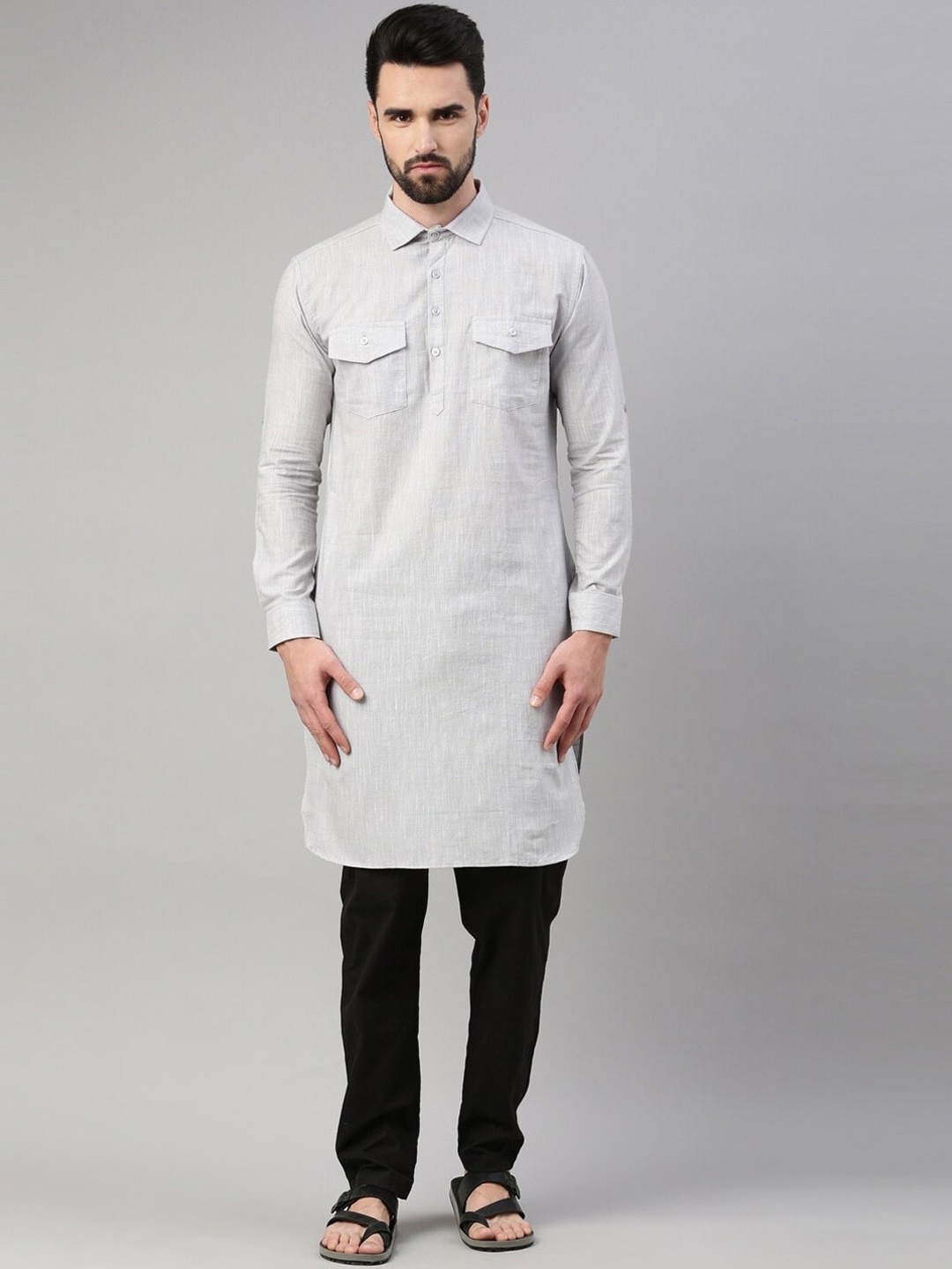 

WHITE HEART Shirt Collar Regular Sleeves Pure Cotton Pathani Kurta, Grey