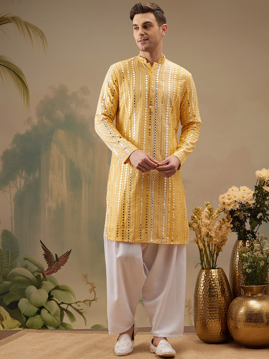 

ATRAENTA Ethnic Motifs Embroidered Mandarin Collar Mirror Work Straight Kurta, Yellow