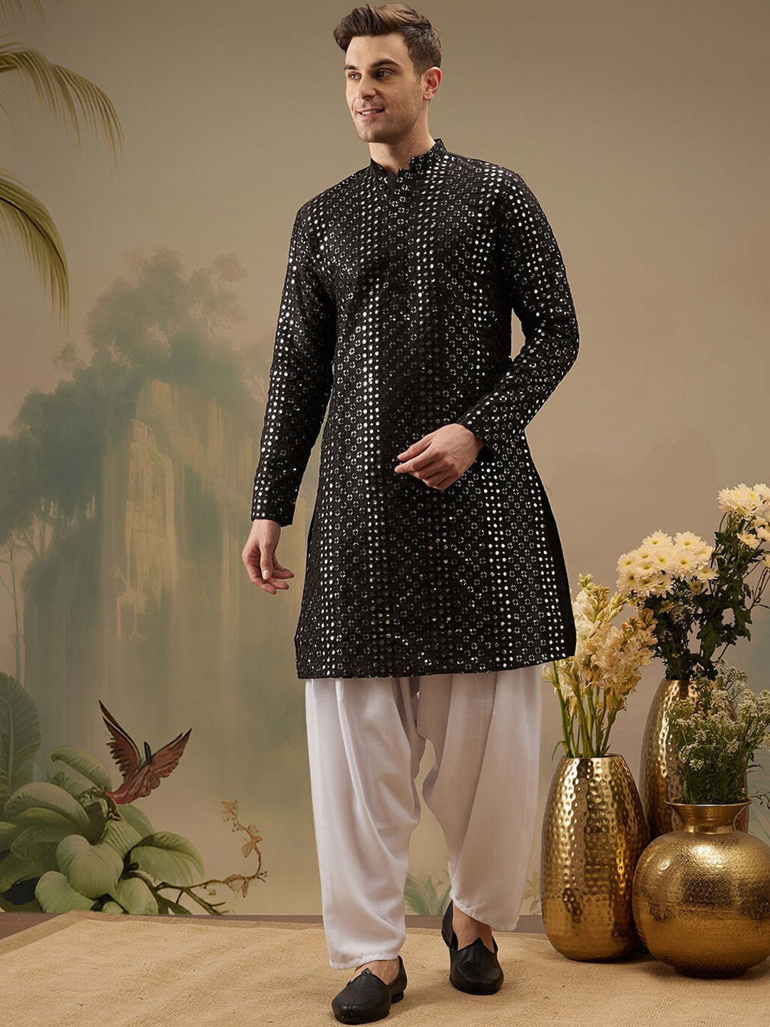 

ATRAENTA Ethnic Motifs Embroidered Mandarin Collar Sequined Straight Kurta, Black