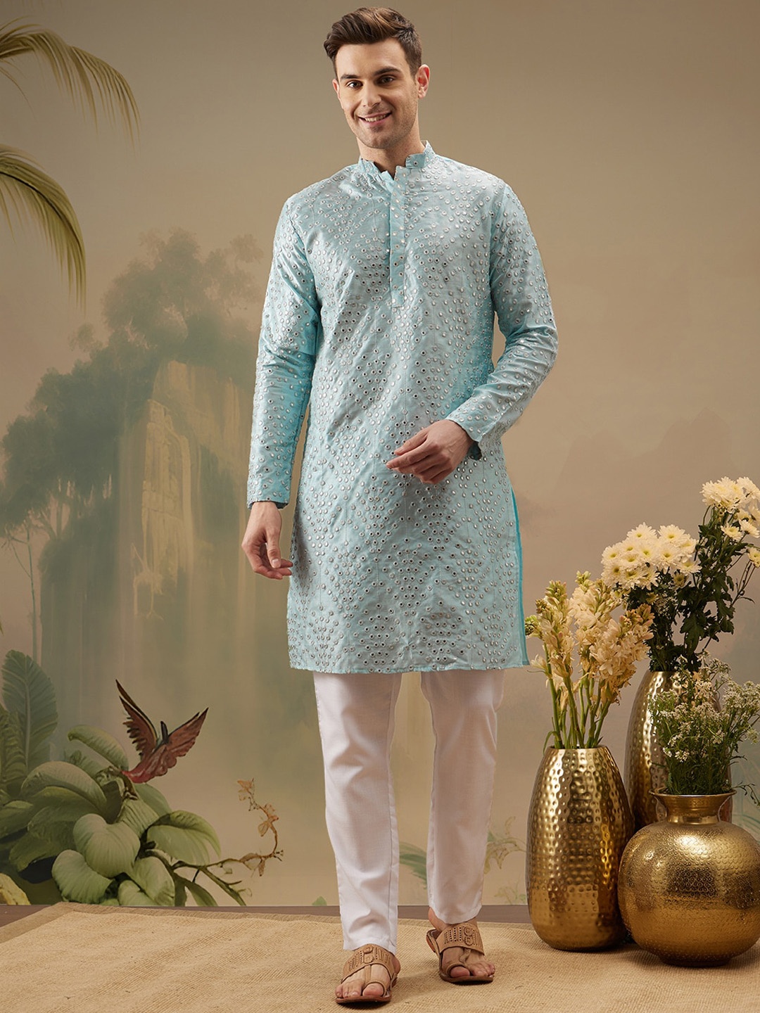 

ATRAENTA Ethnic Motifs Embroidered Mandarin Collar Mirror Work Straight Kurta, Blue