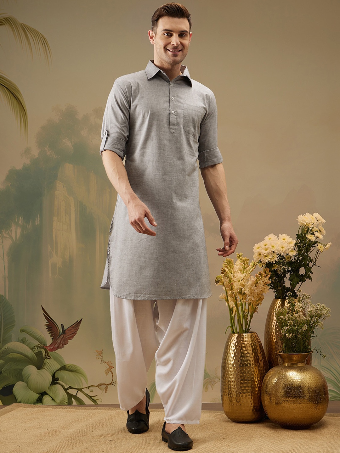 

ATRAENTA Shirt Collar Regular Pathani Kurta, Grey