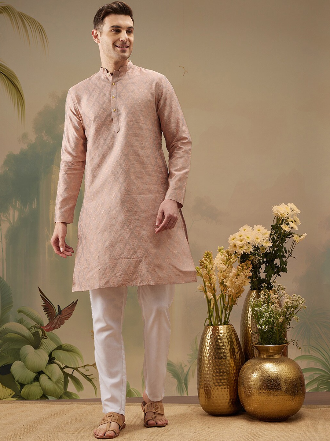 

ATRAENTA Ethnic Motif Embroidered Sequined Straight Kurta, Pink