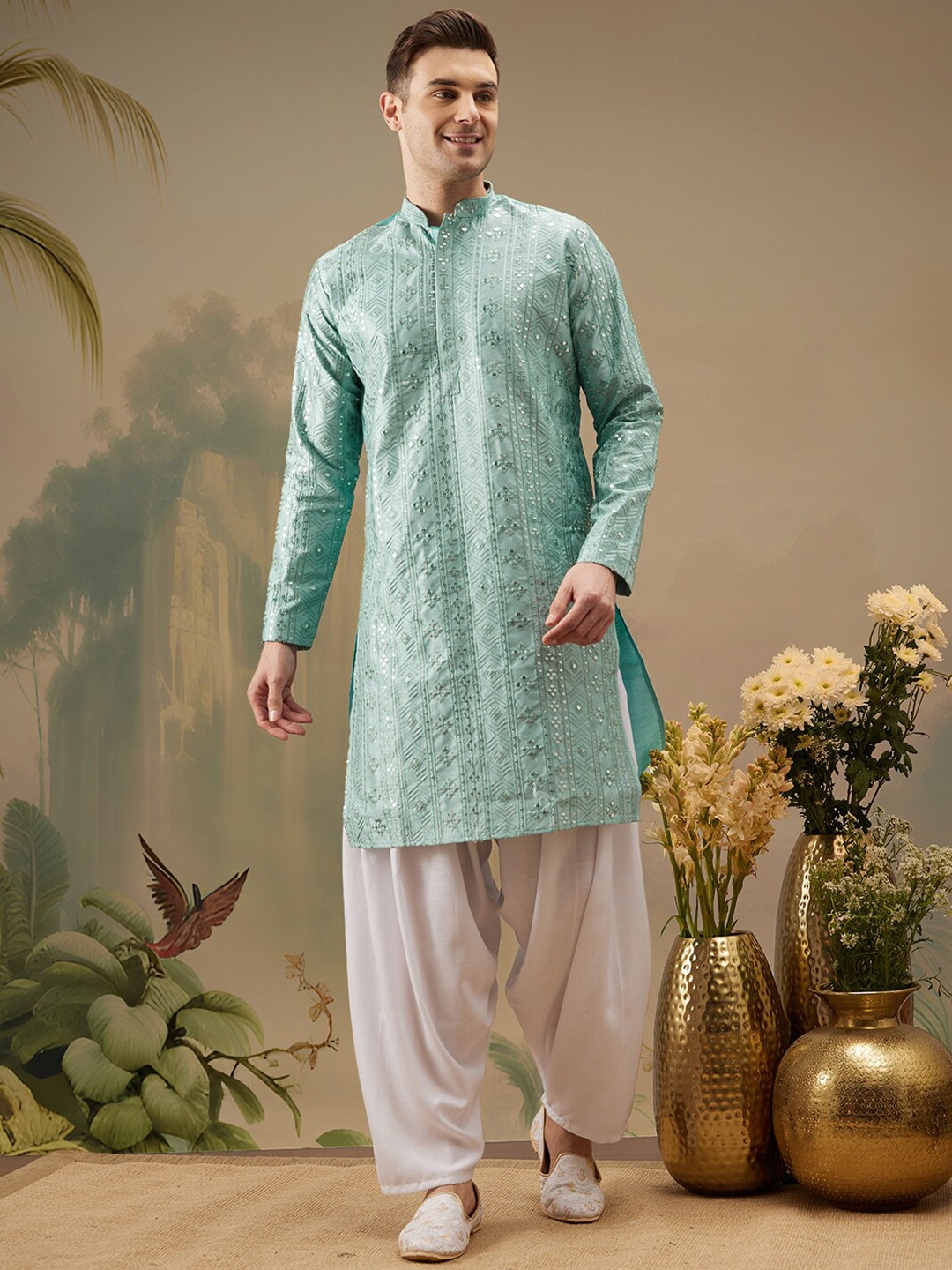 

ATRAENTA Ethnic Motif Embroidered Sequined Straight Kurta, Blue