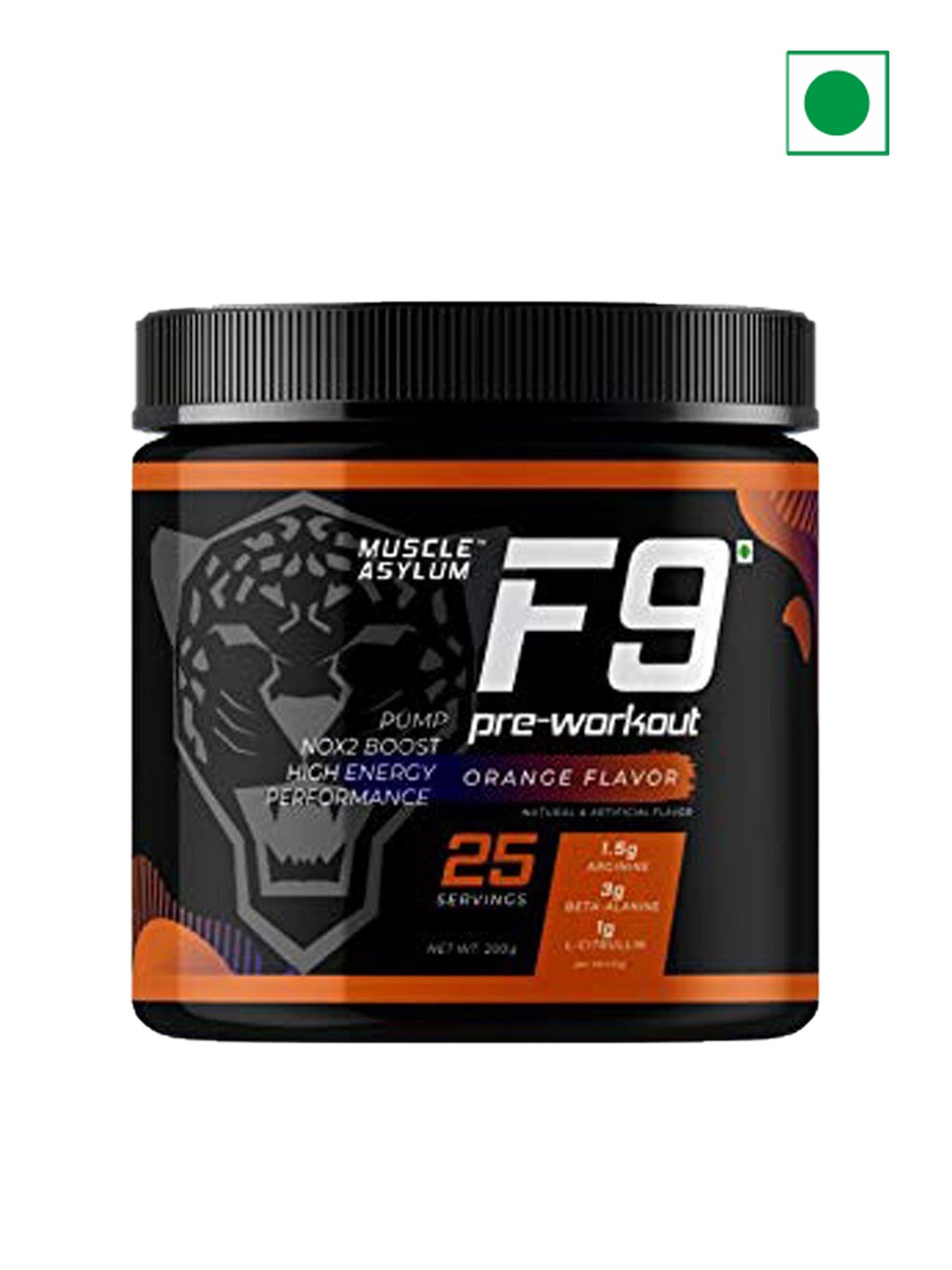 

Muscle Asylum F9 Pre Workout Powder For Increase Strength - 200g Orange Flavor, Black