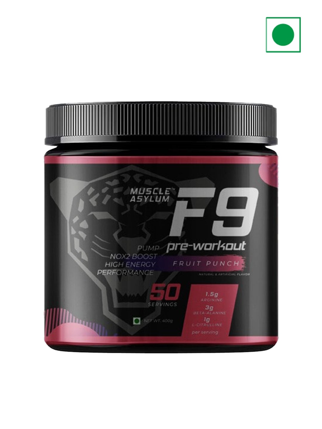 

Muscle Asylum F9 Pre Workout 50 Servings - 400gm Fruit Punch Flavor, Black