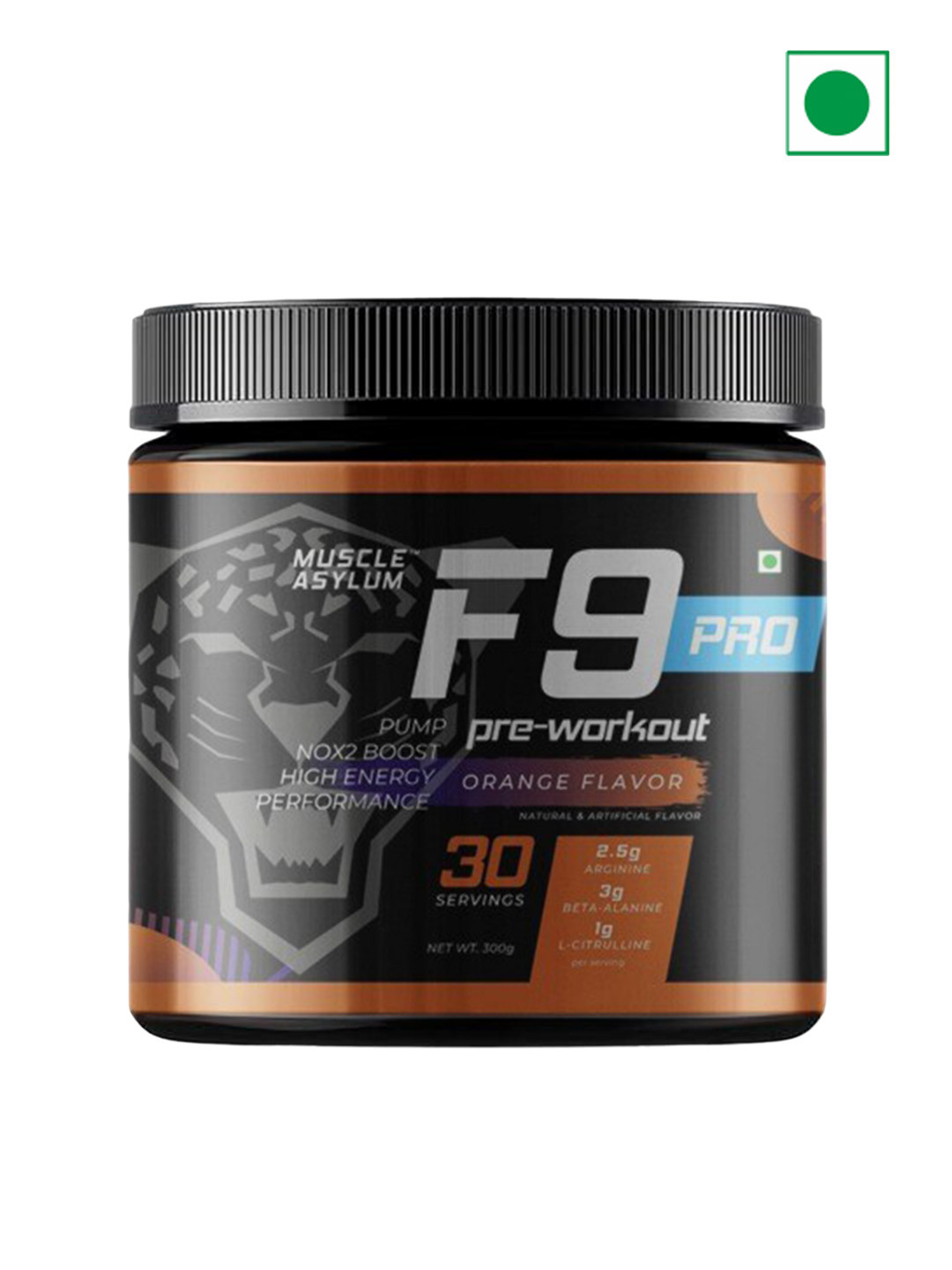 

Muscle Asylum F9 PRO Pre-Workout -300 gm Orange Flavor, Black