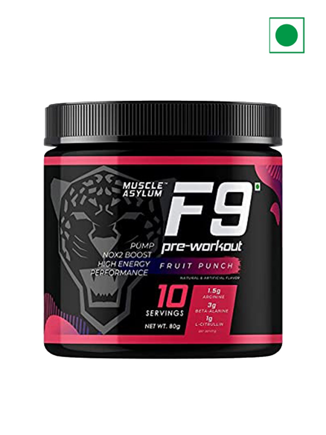 

Muscle Asylum F9 Pre-Workout Fruit Punch Powder 10 Servings- 80 Gm, Black