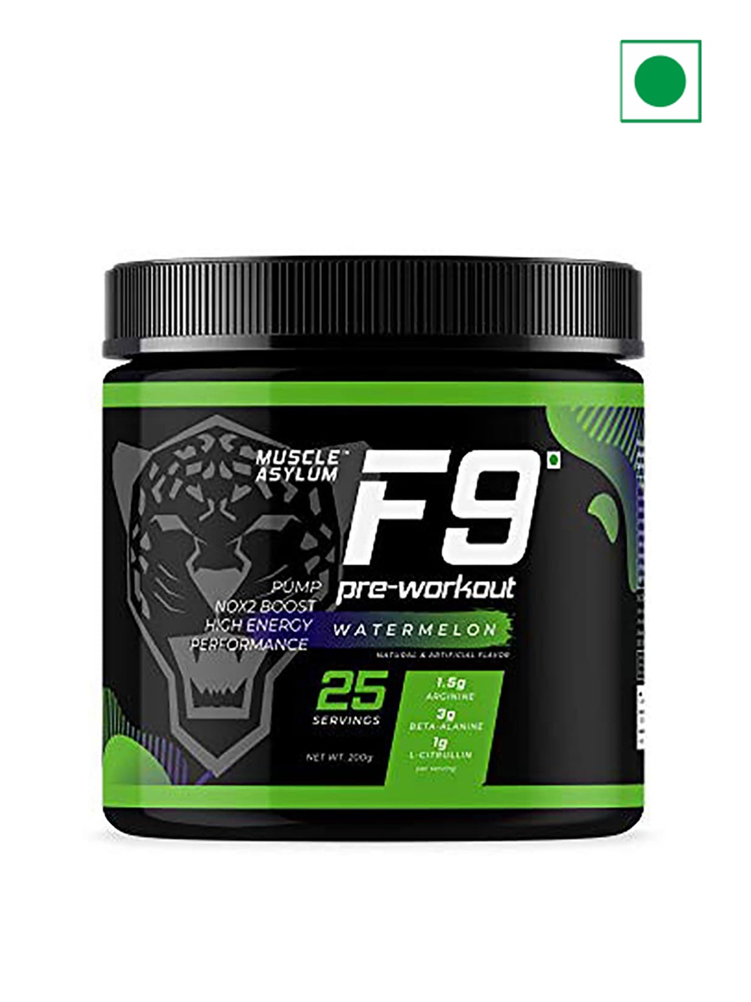 

Muscle Asylum F9 Pre-Workout 25 Serving -200gm (Watermelon Flavor), Black