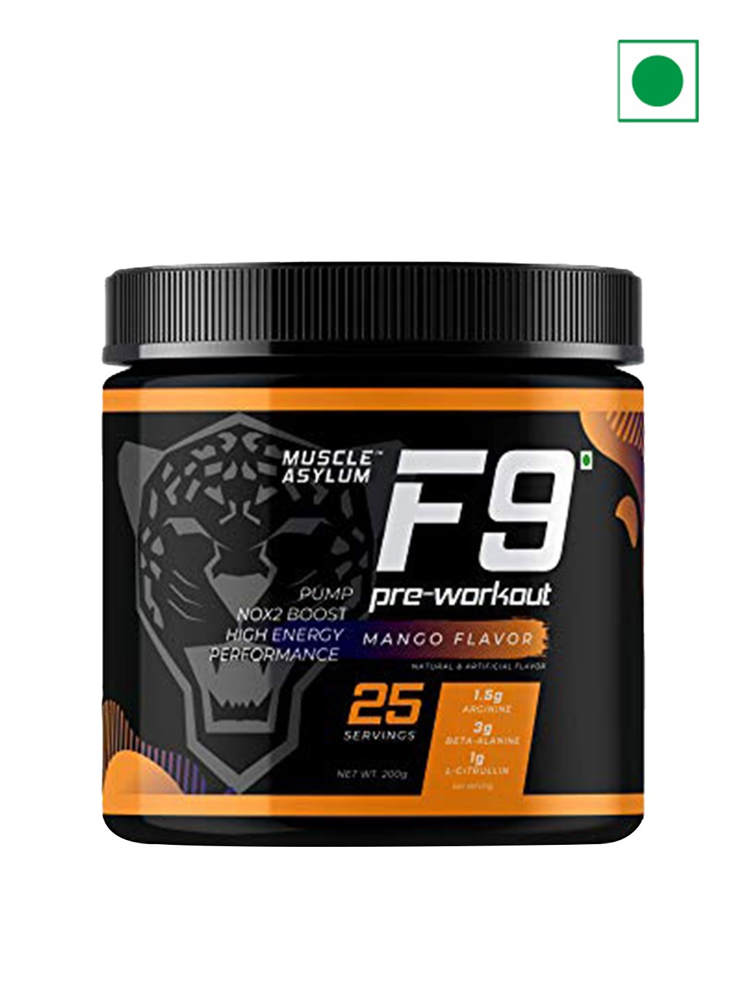 

Muscle Asylum F9 Pre-Workout -Mango Flavor- 200gm Mango Flavor, Black